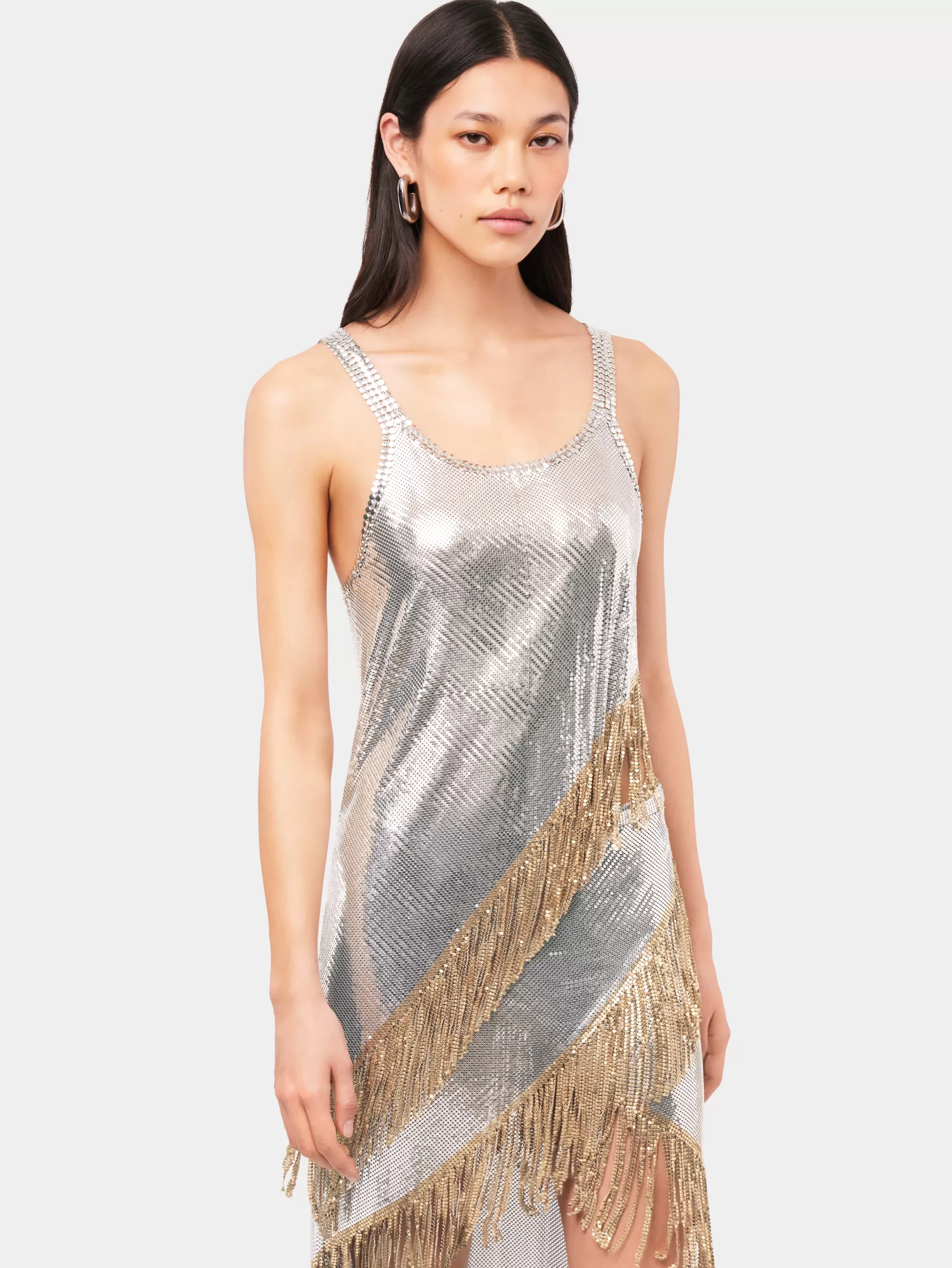 Rabanne Asymetrical chainmail top with golden metallic fringes