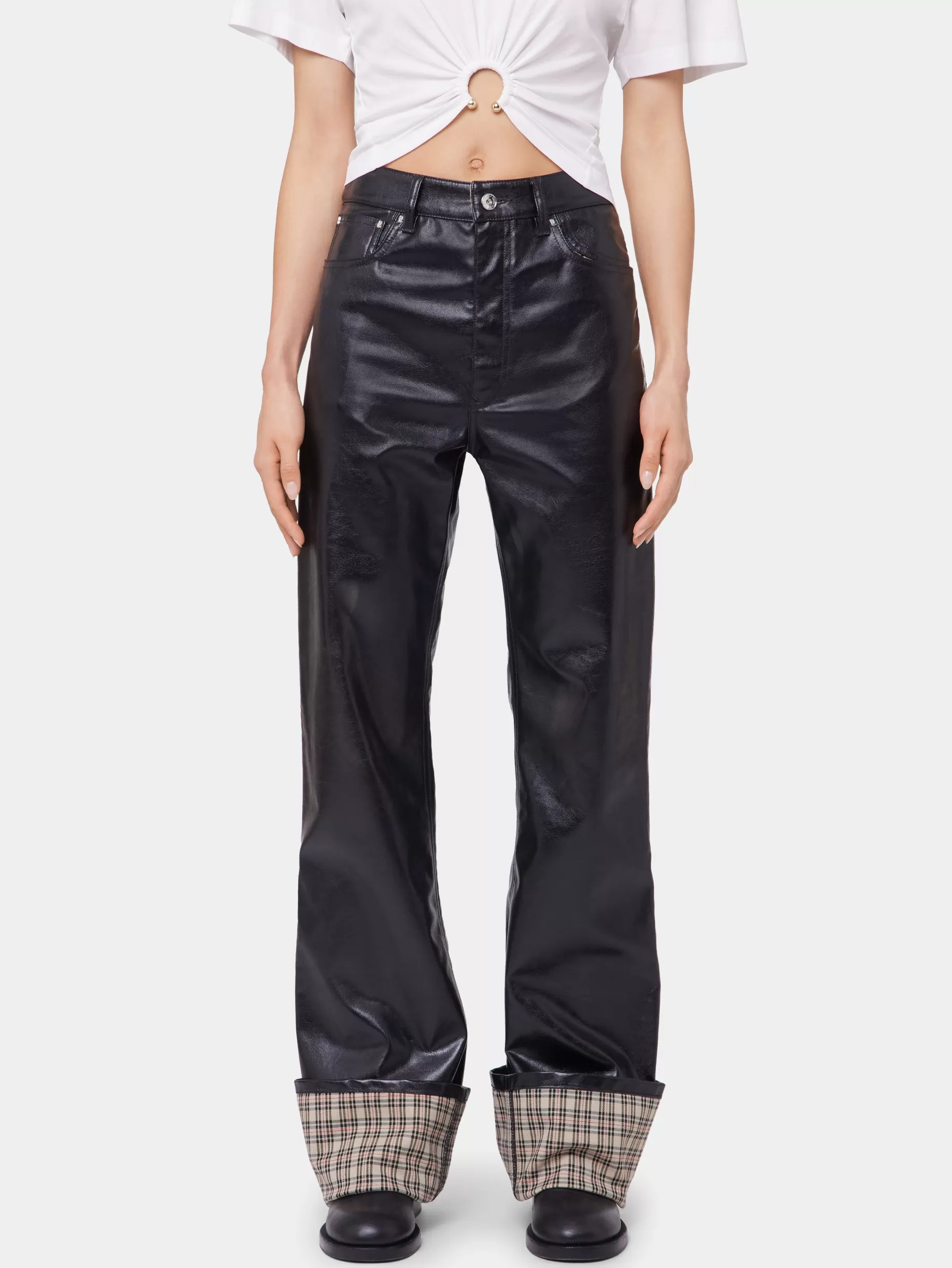 Rabanne BLACK FLARED TROUSERS IN IMITATION LEATHER