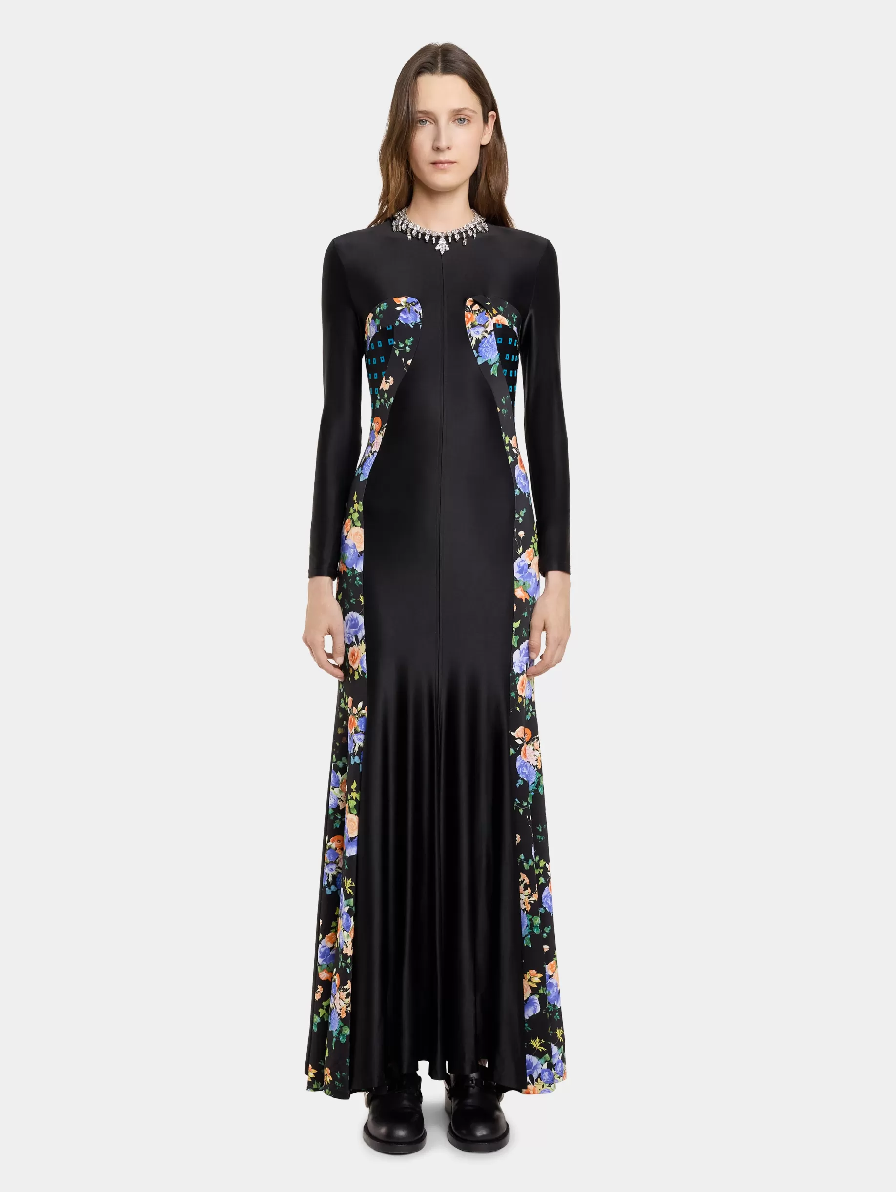 Rabanne BLACK FLORAL LONG DRESS IN JERSEY