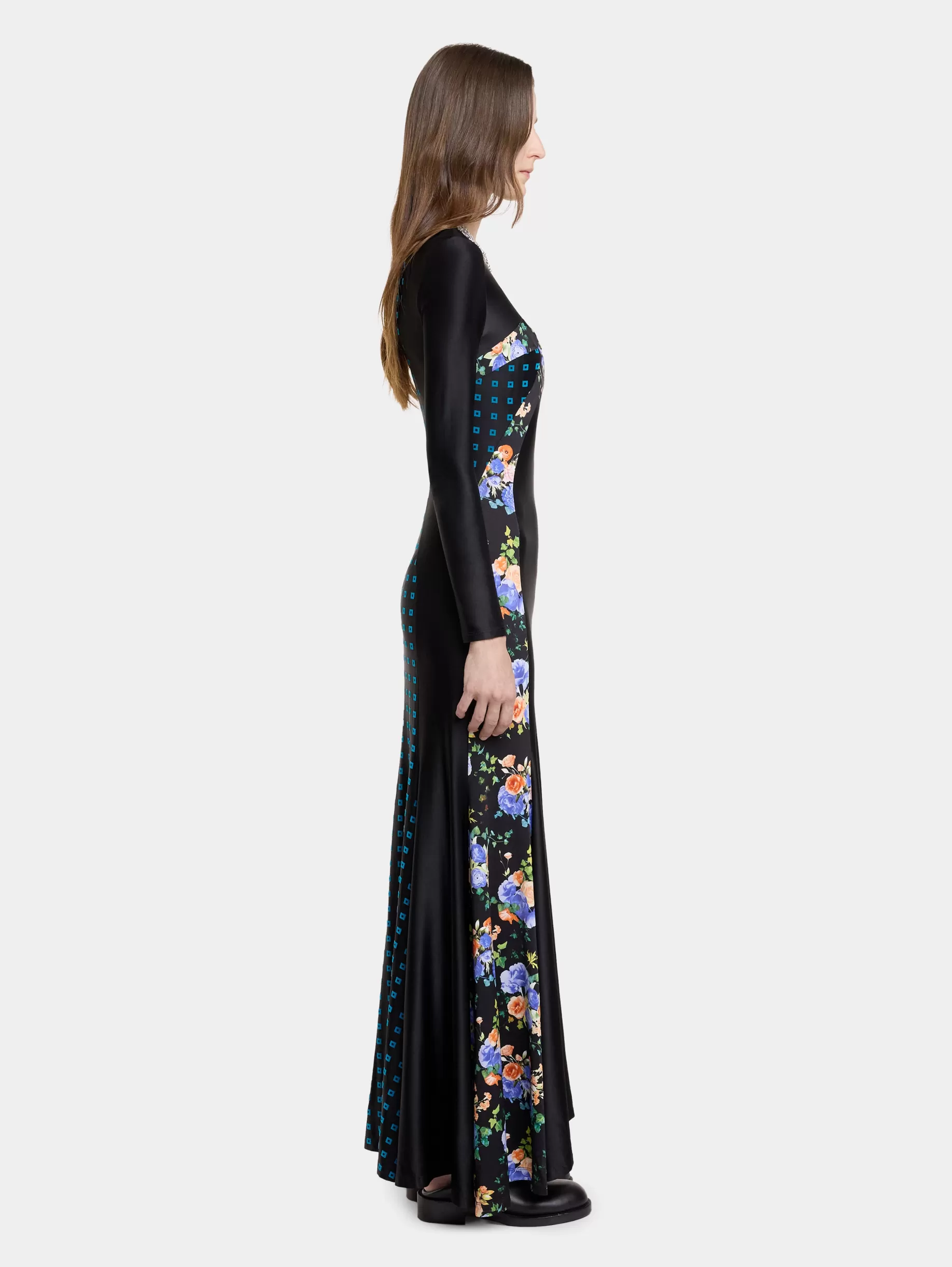 Rabanne BLACK FLORAL LONG DRESS IN JERSEY