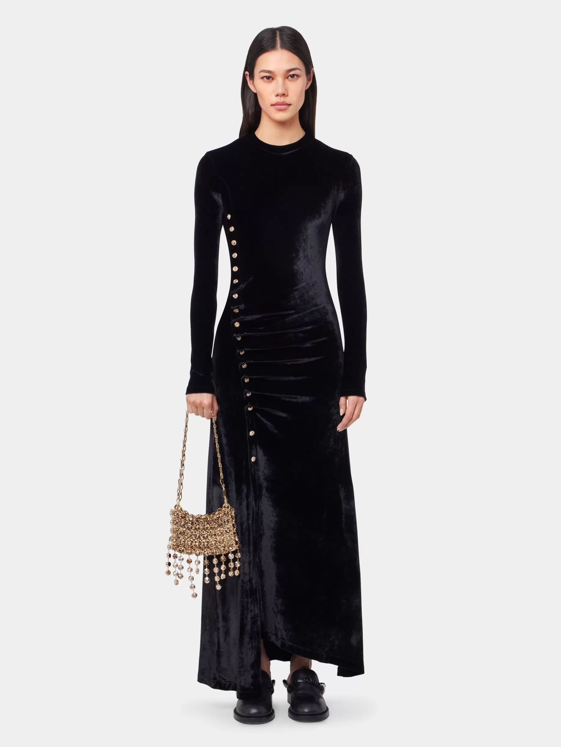 Rabanne BLACK LONG DRAPED DRESS IN VELVET