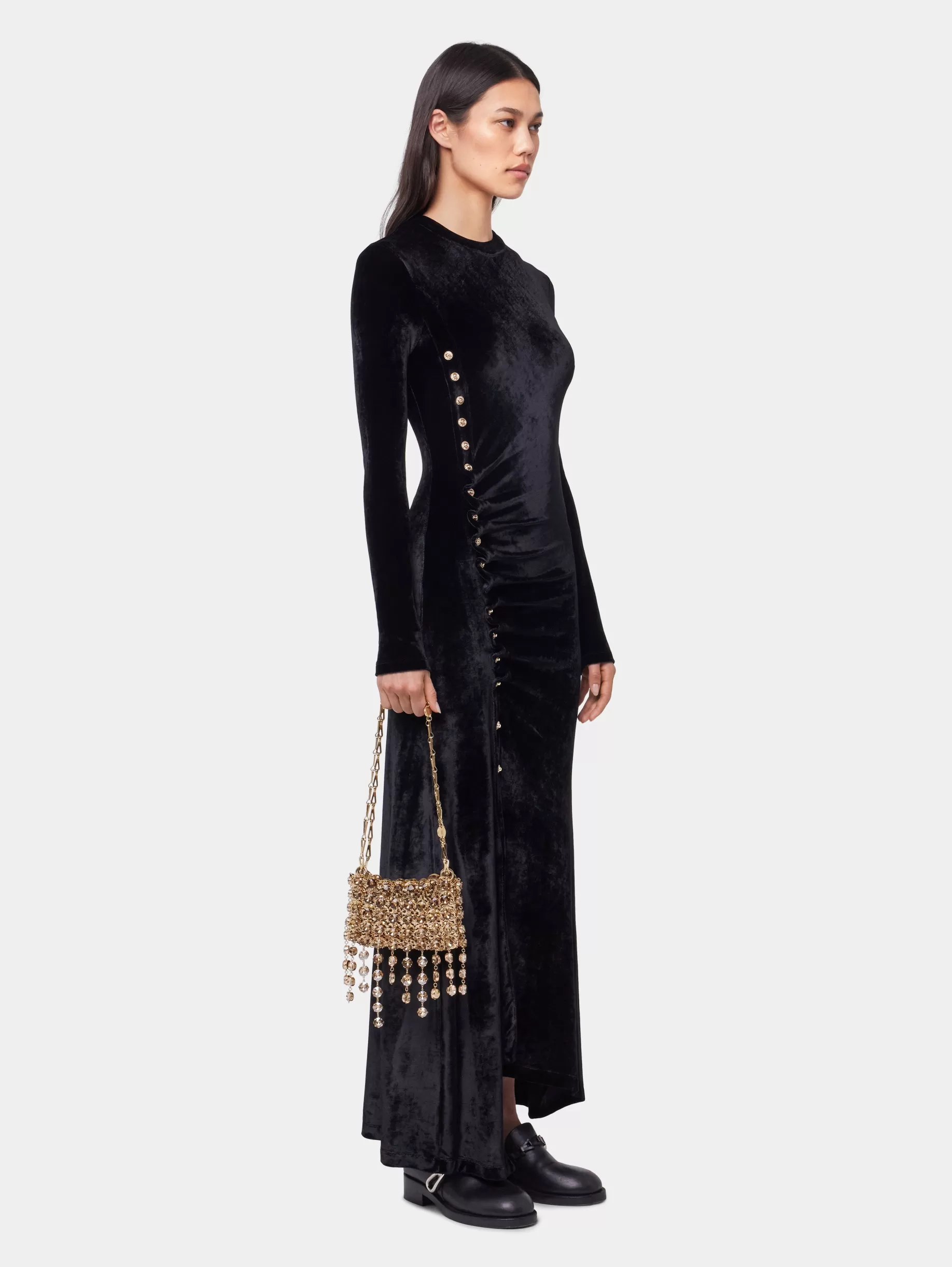 Rabanne BLACK LONG DRAPED DRESS IN VELVET