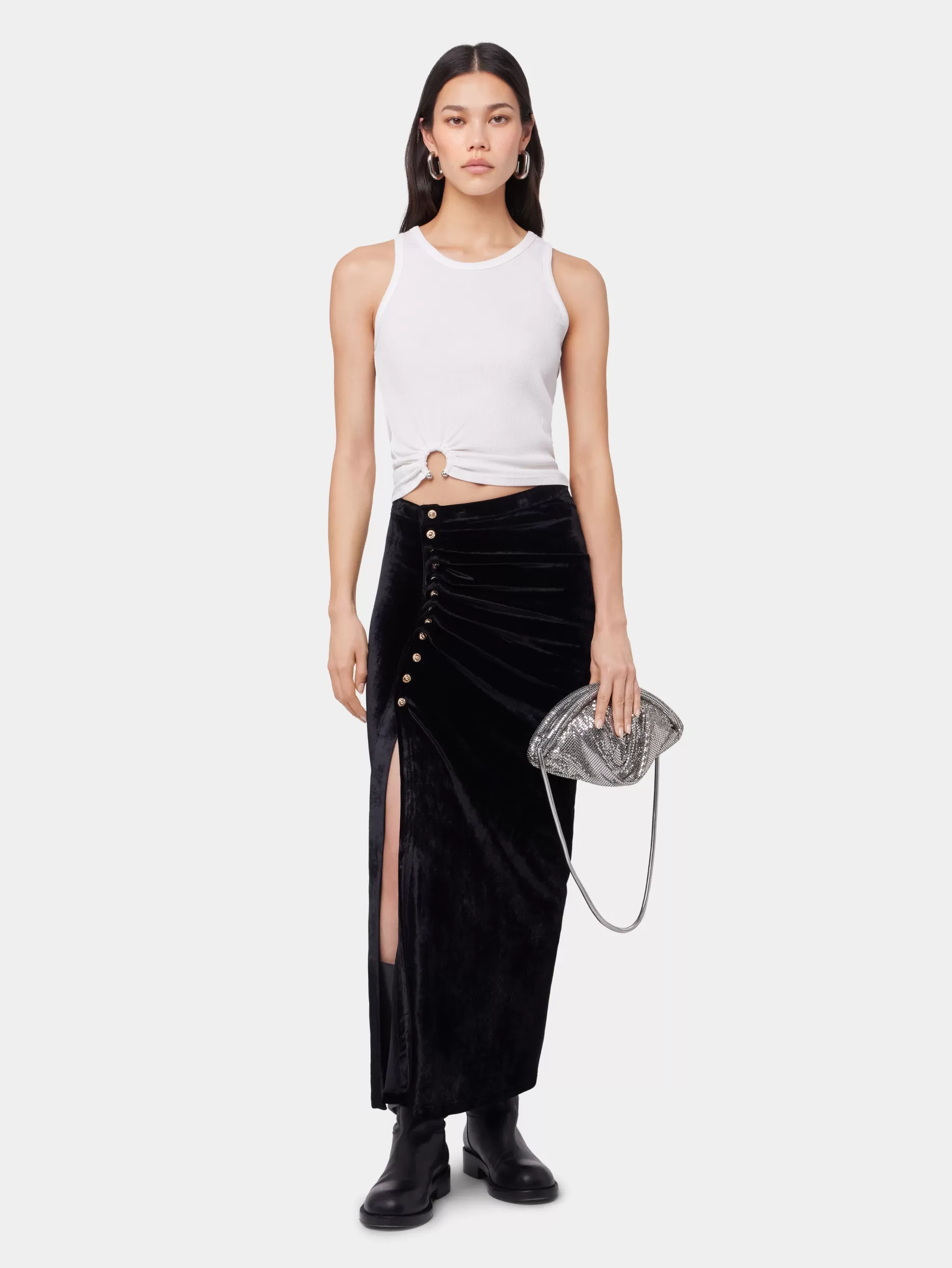 Rabanne BLACK LONG DRAPED SKIRT IN VELVET