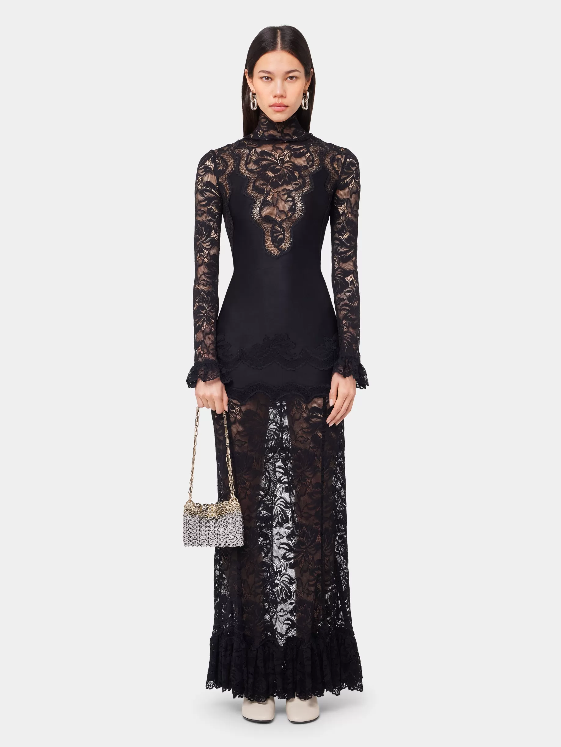 Rabanne BLACK LONG DRESS IN LACE AND JERSEY