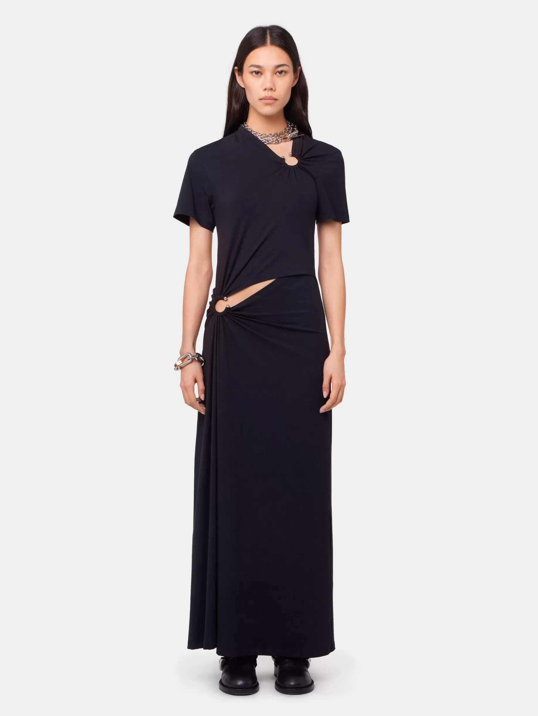 Rabanne BLACK LONG PIERCING DRESS IN COTTON JERSEY