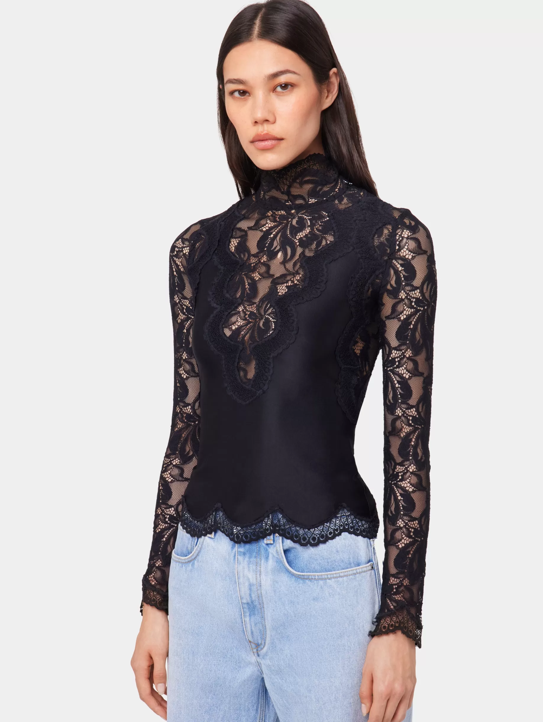 Rabanne BLACK LONG SLEEVE TOP IN LACE AND JERSEY