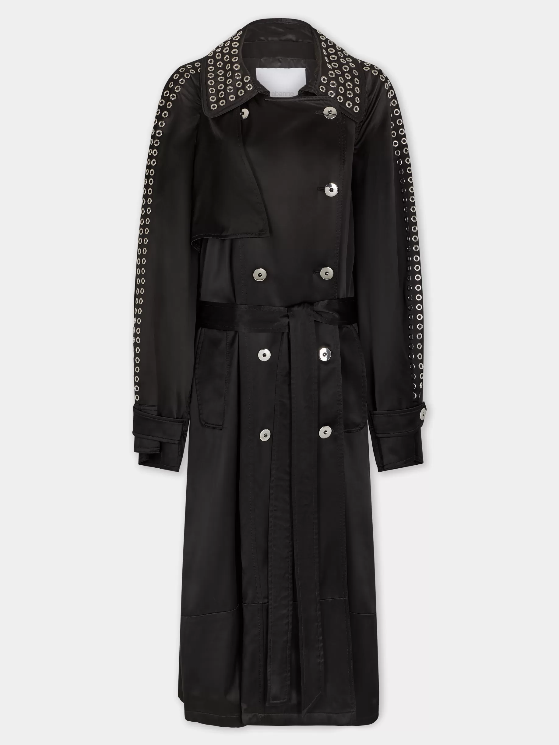 Rabanne BLACK LONG TRENCH COAT IN SATIN