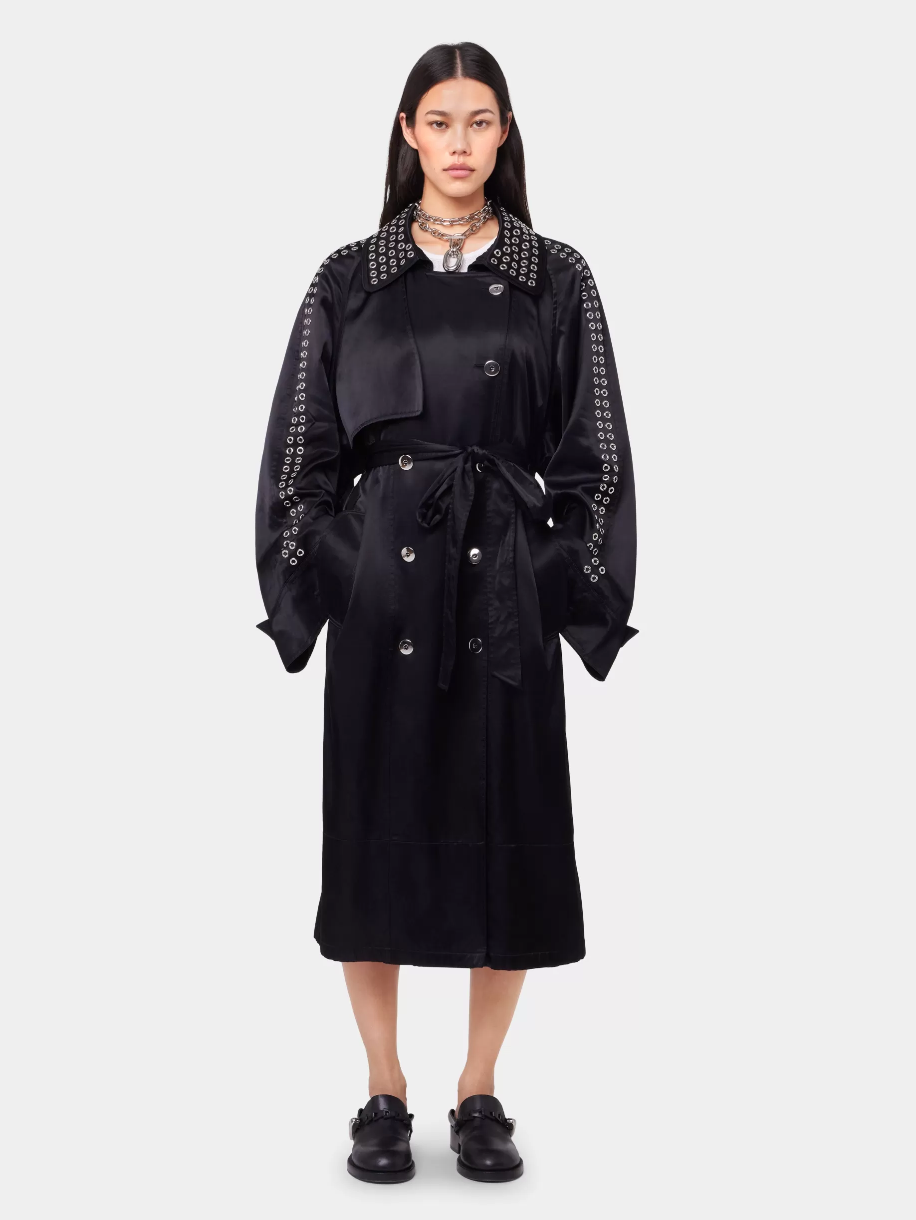 Rabanne BLACK LONG TRENCH COAT IN SATIN