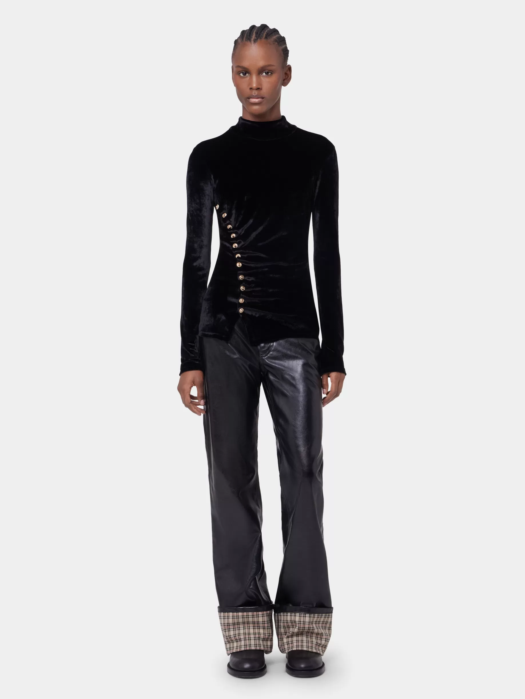 Rabanne BLACK LONG-SLEEVED DRAPE TOP IN VELVET