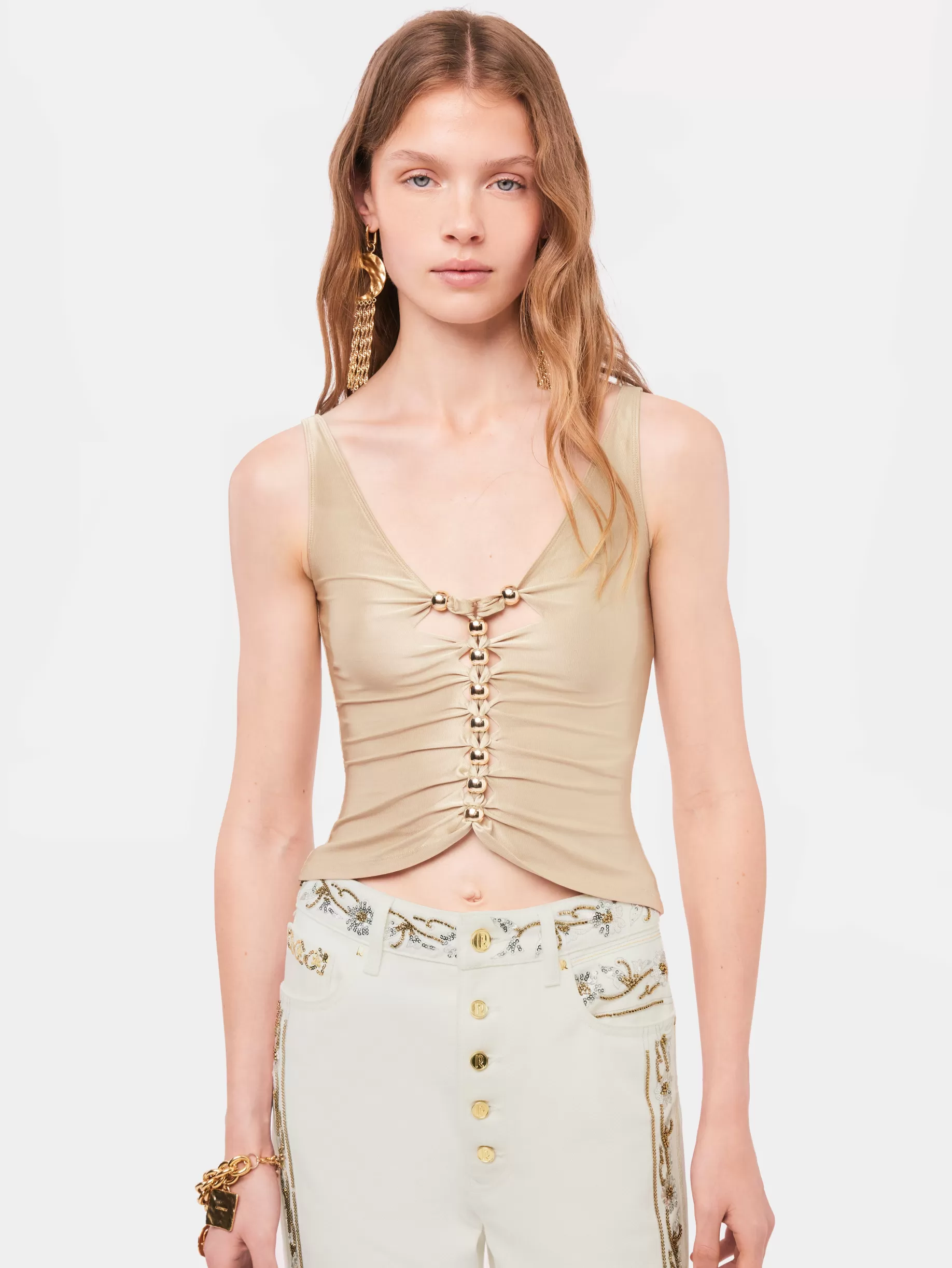 Rabanne Drapped raffia colored top with metallic details