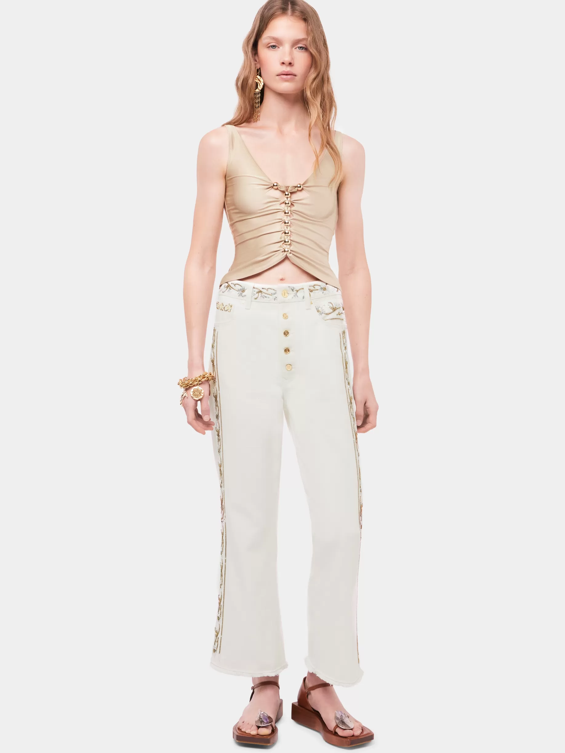 Rabanne Drapped raffia colored top with metallic details