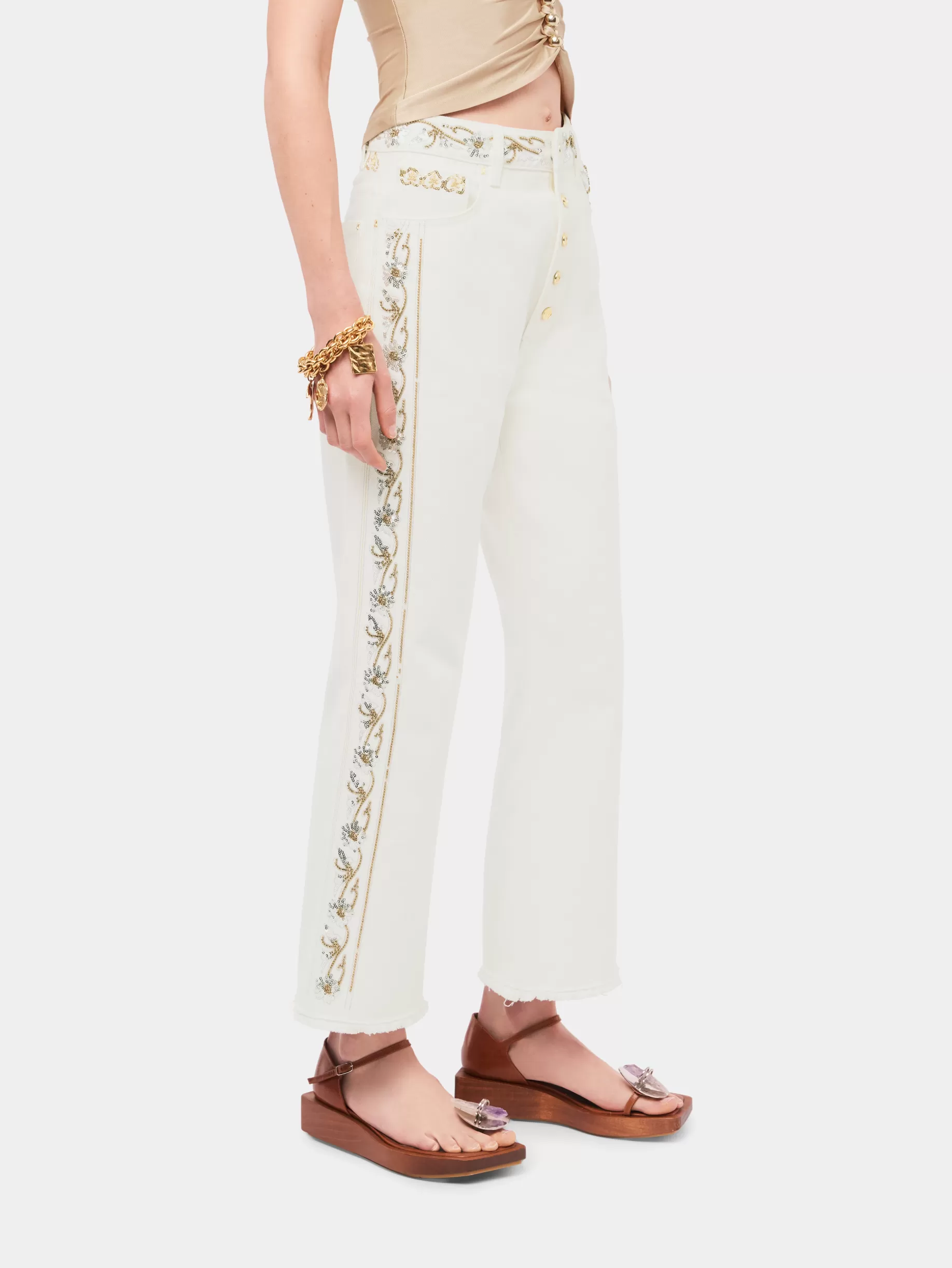 Rabanne Embroidered off white denim jeans