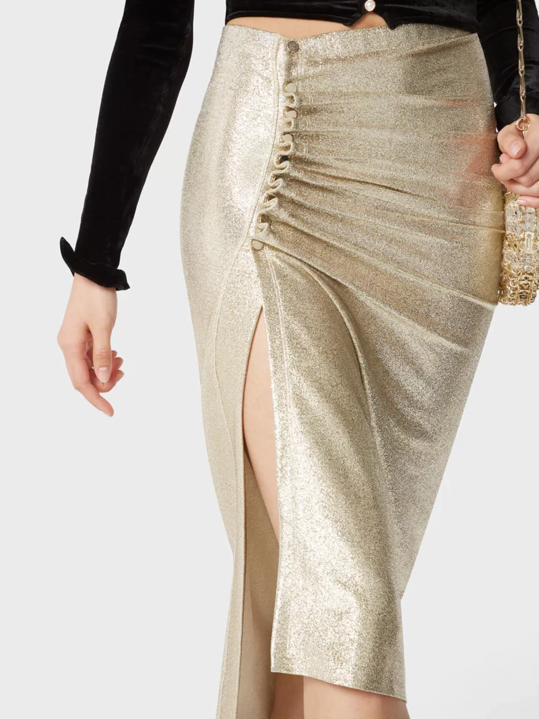 Rabanne Gold mid-length drapé pression slit skirt