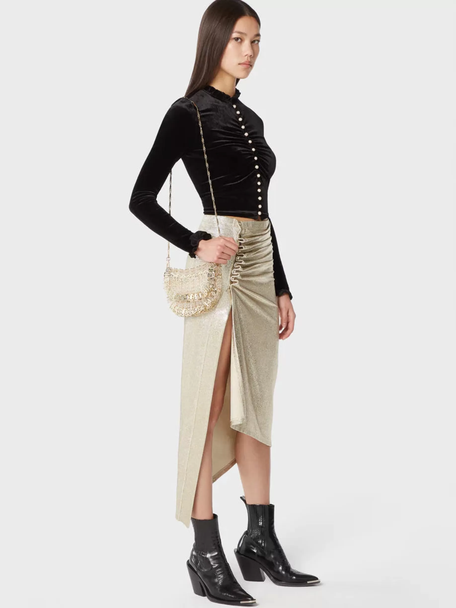 Rabanne Gold mid-length drapé pression slit skirt