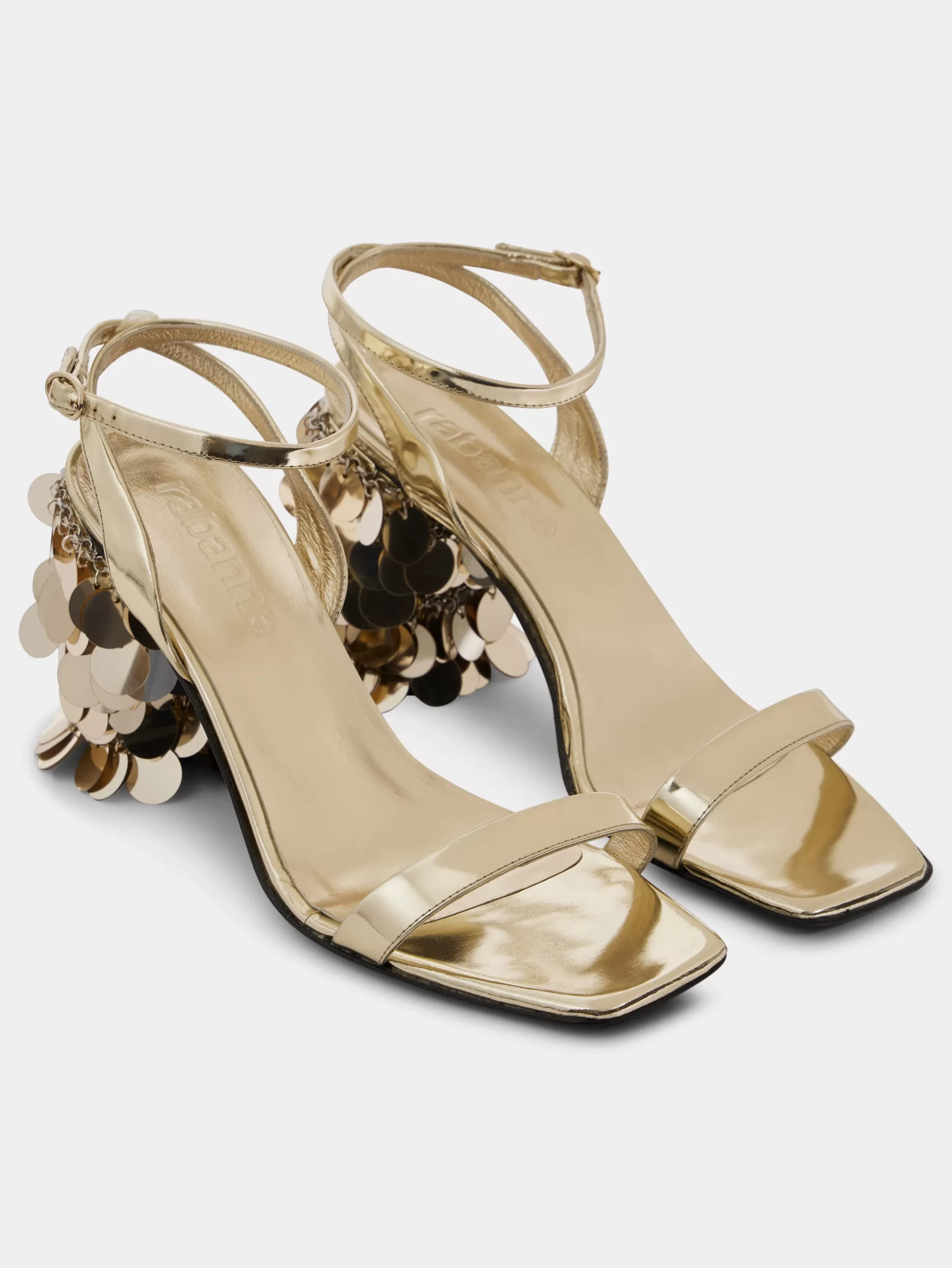 Rabanne Gold sandals with sparkle discs heels