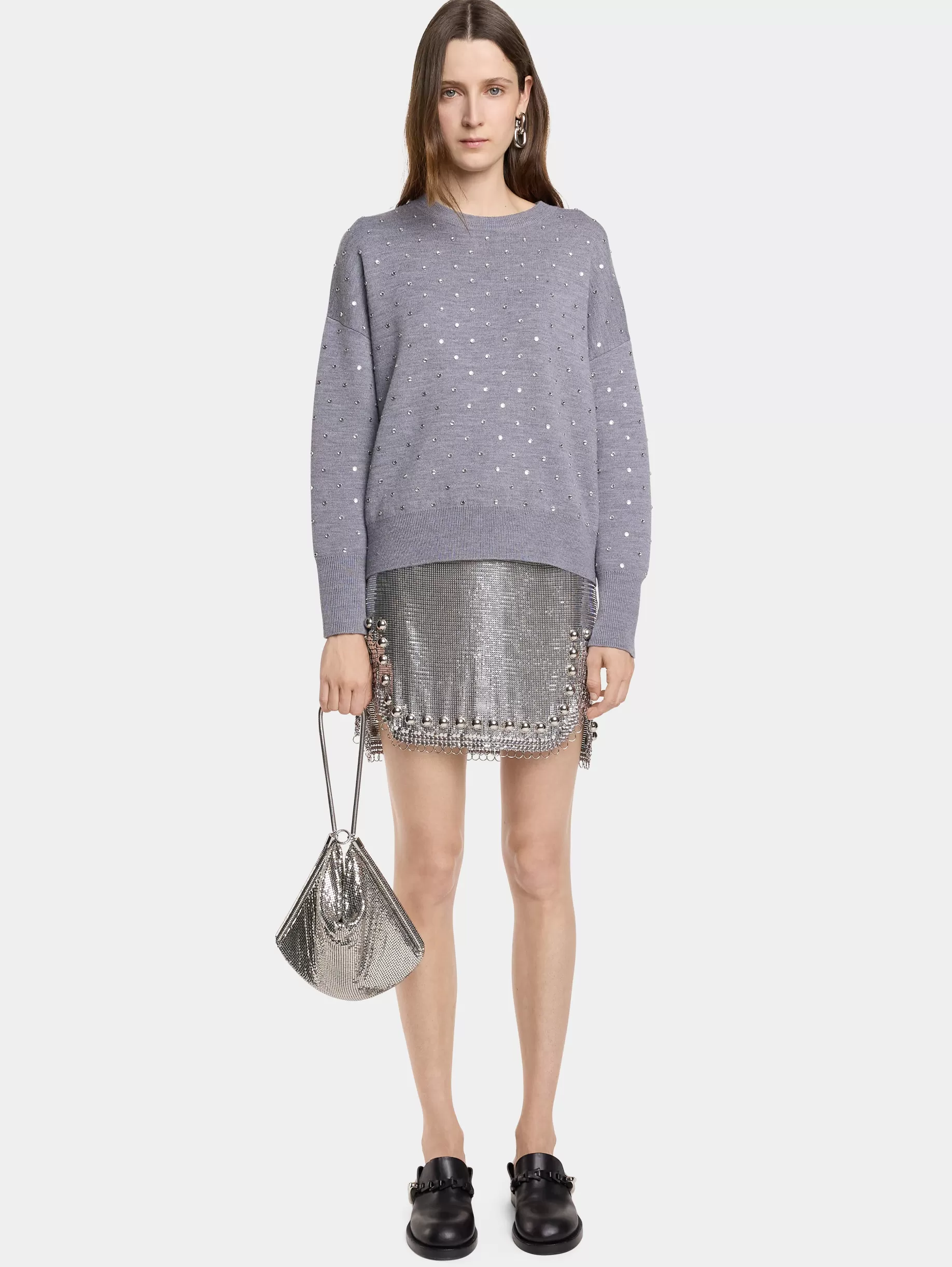 Rabanne GREY CRYSTAL-EMBELLISHED SWEATER IN WOOL