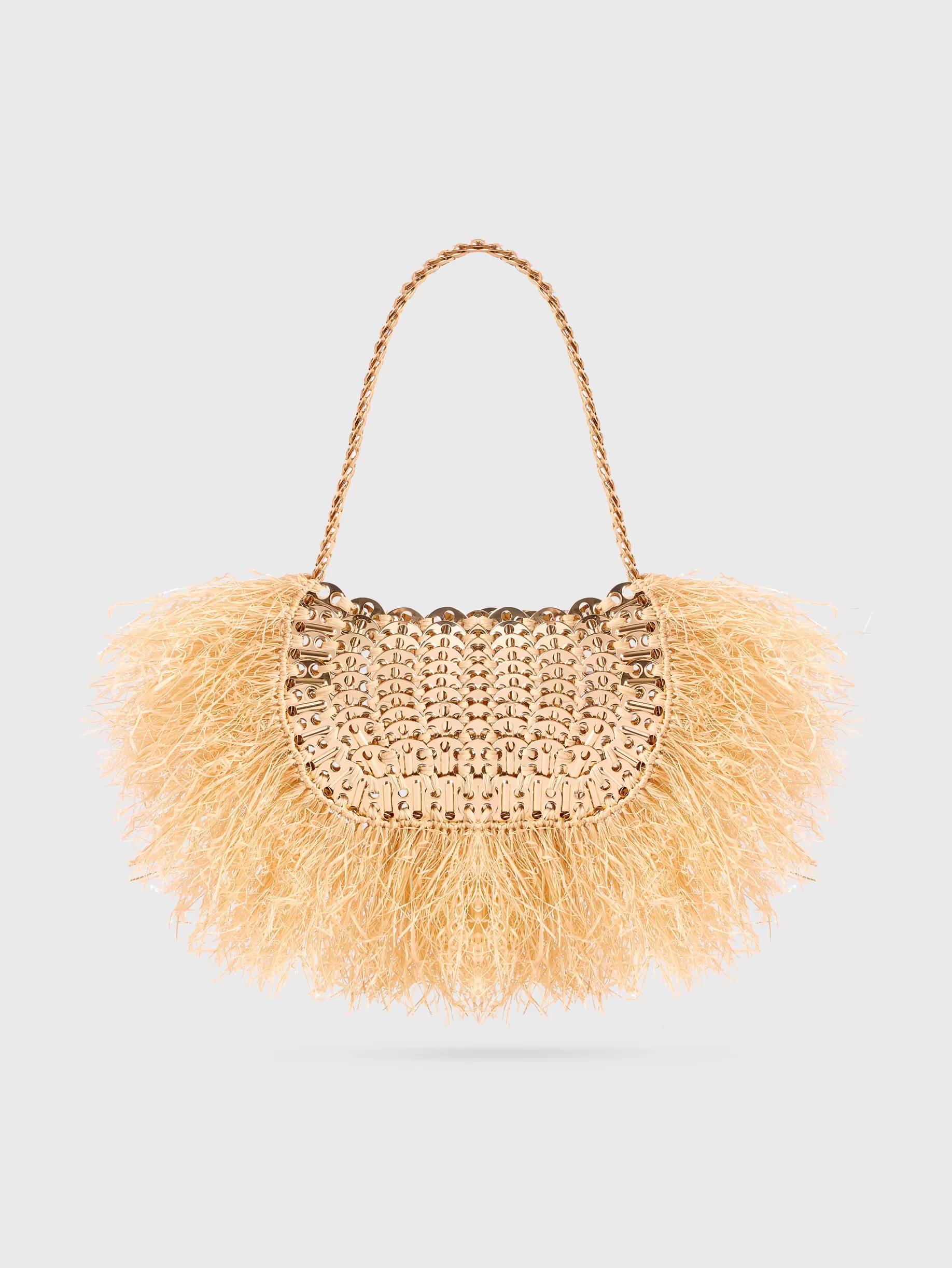 Rabanne Iconic 1969 moon bag with natural raphia fringes