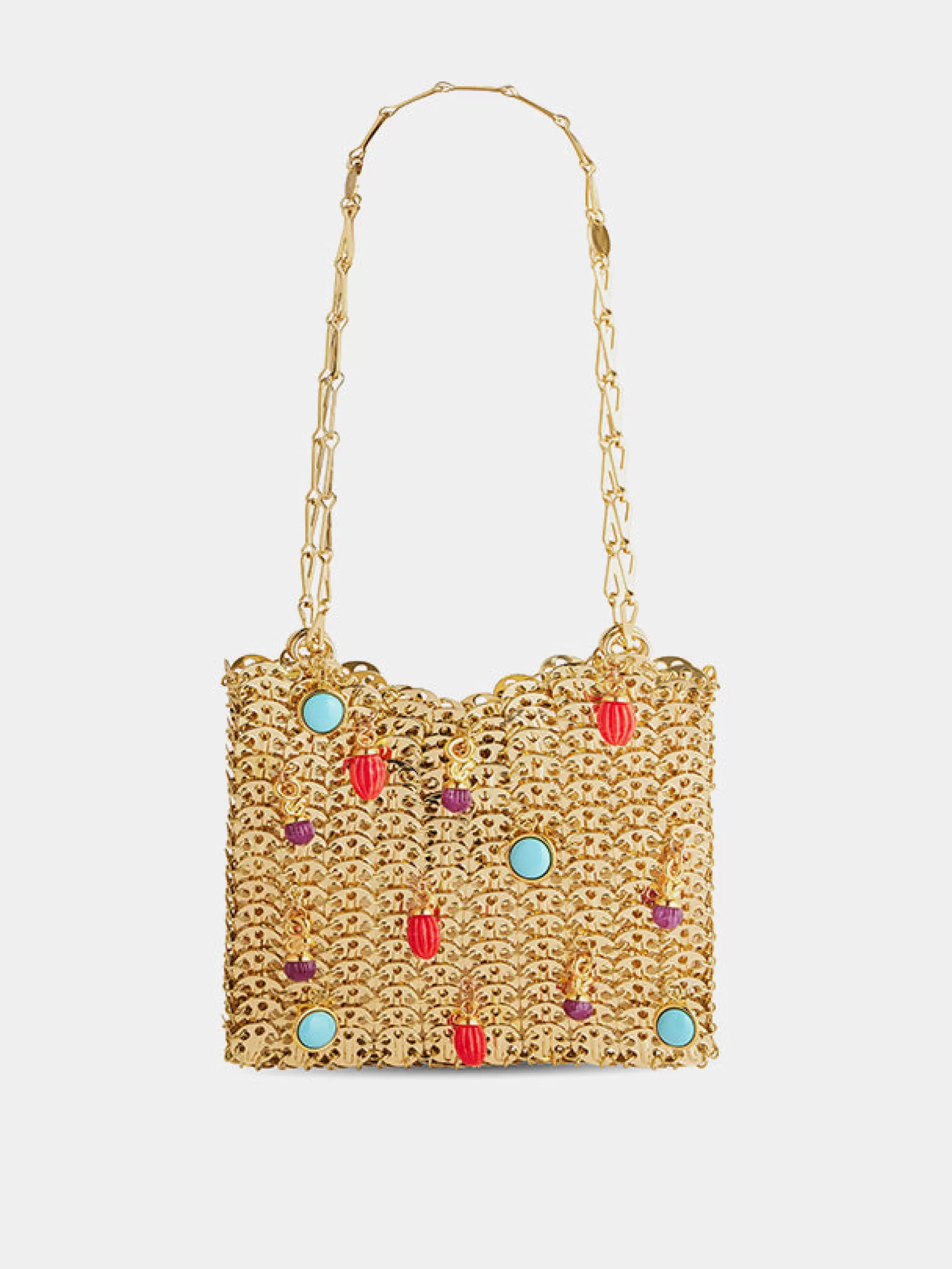 Rabanne Iconic gold 1969 bag embellished with multi colored pampilles