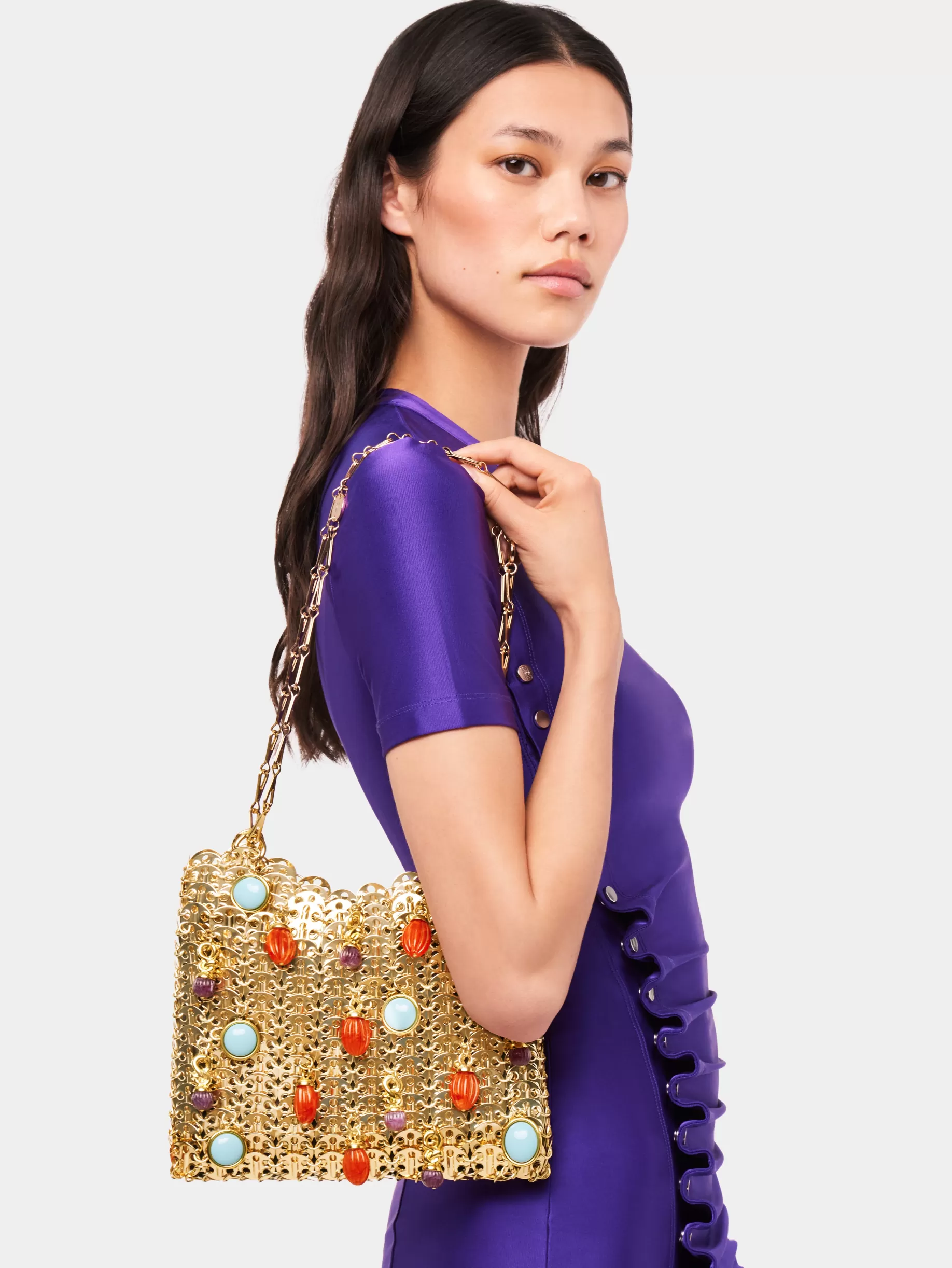 Rabanne Iconic gold 1969 bag embellished with multi colored pampilles