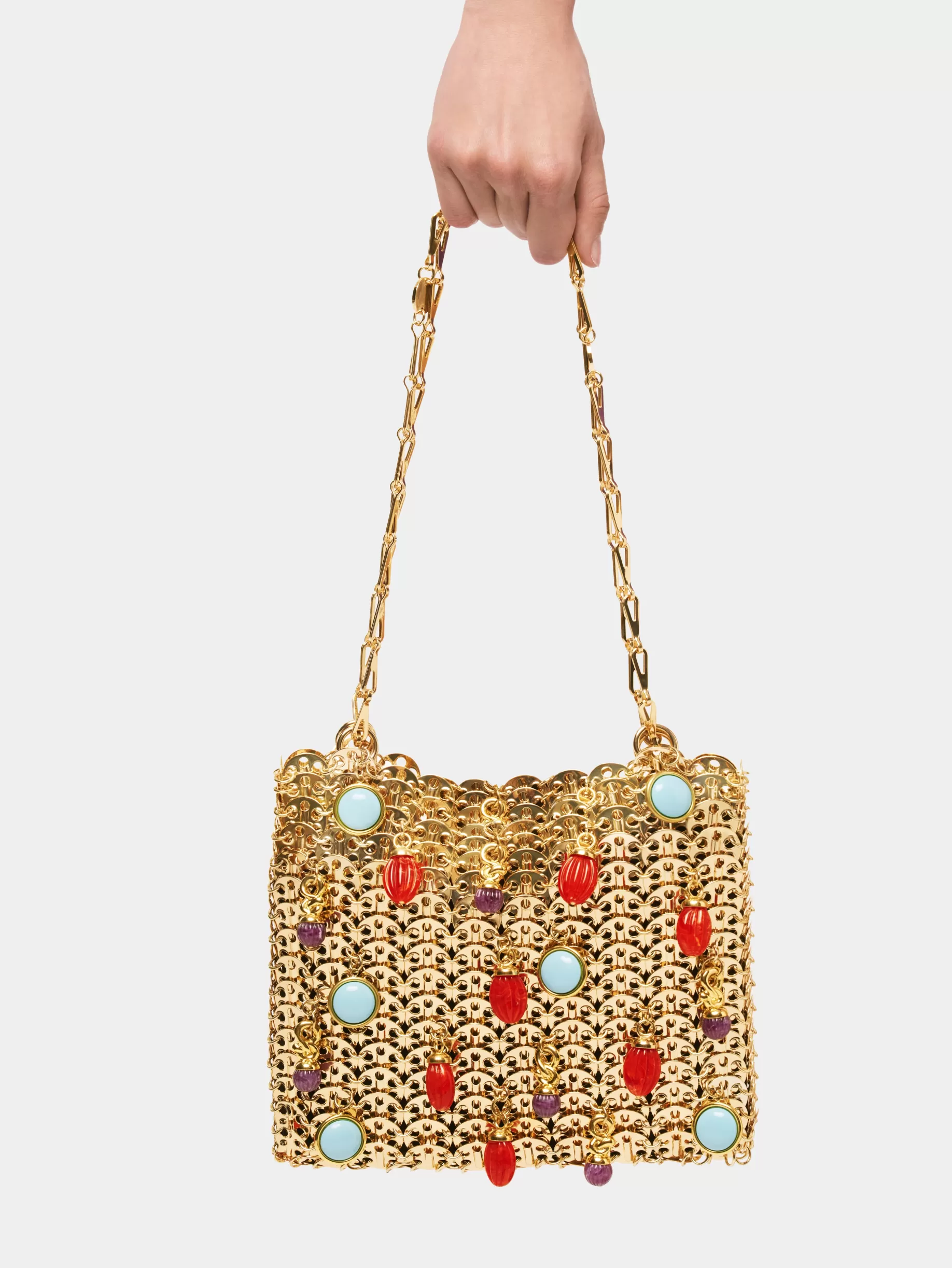 Rabanne Iconic gold 1969 bag embellished with multi colored pampilles