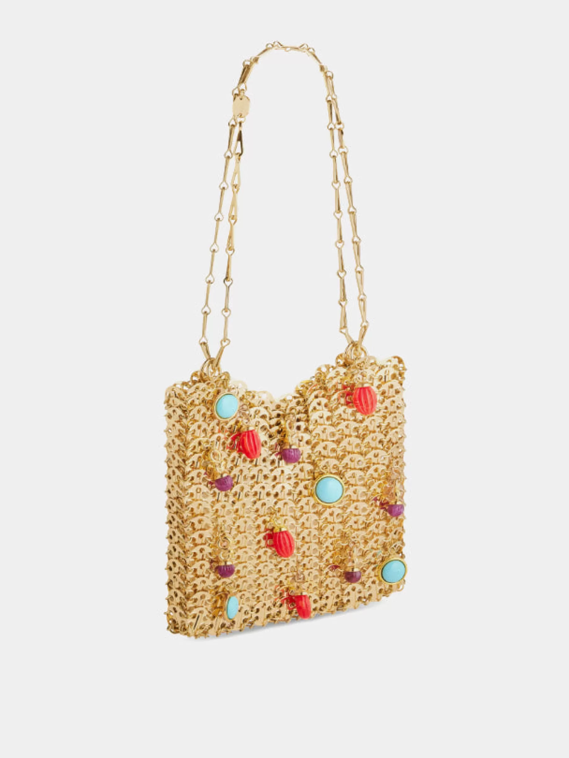 Rabanne Iconic gold 1969 bag embellished with multi colored pampilles