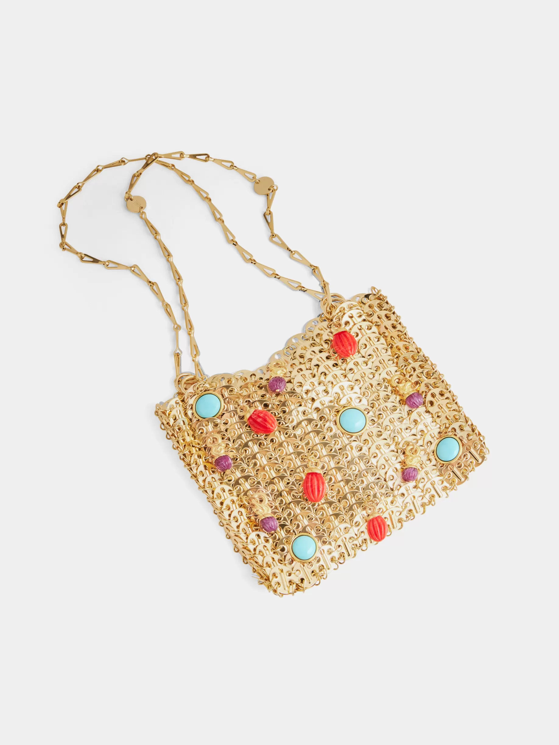 Rabanne Iconic gold 1969 bag embellished with multi colored pampilles