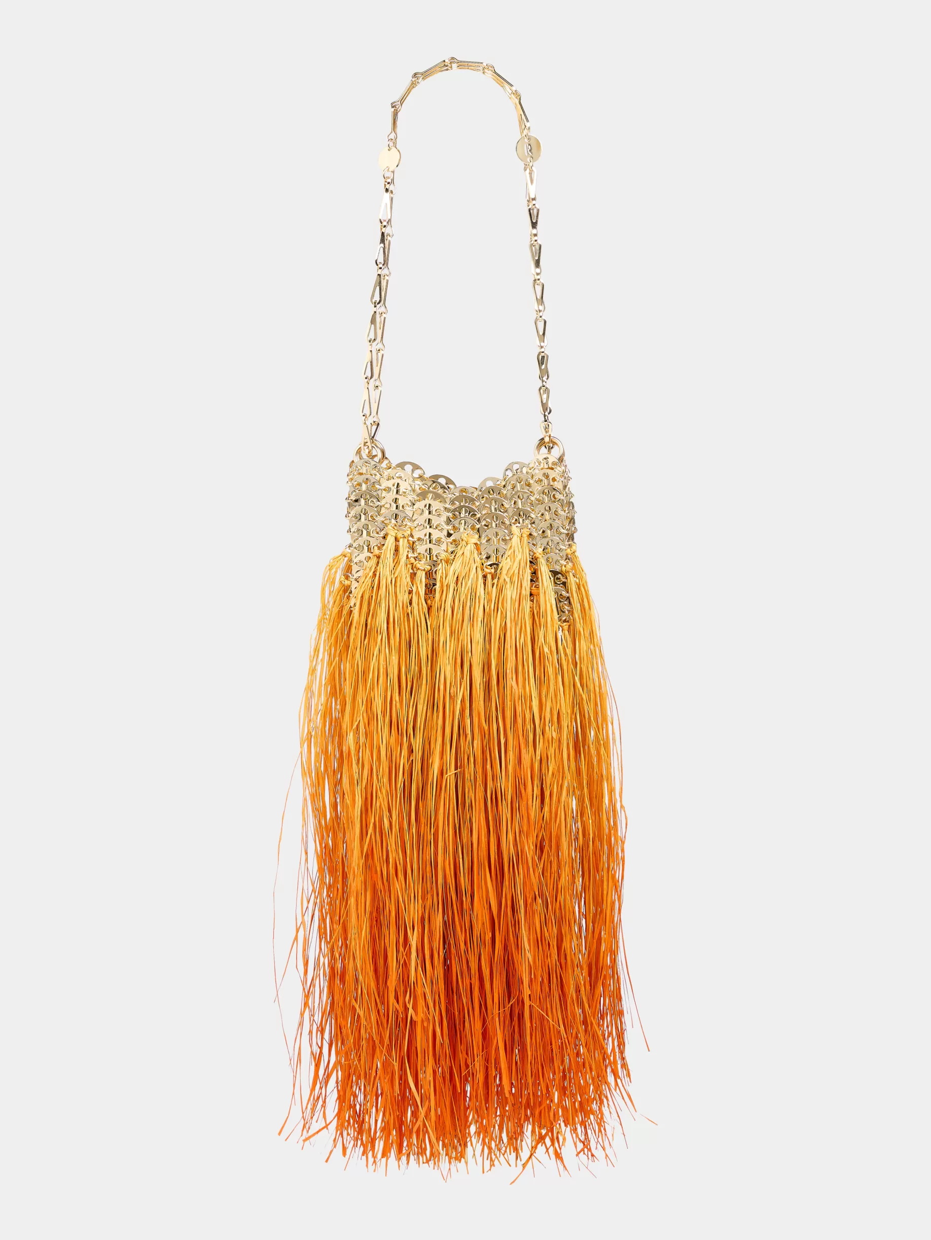 Rabanne Iconic gold 1969 nano bag hand crafted with raffia fringes