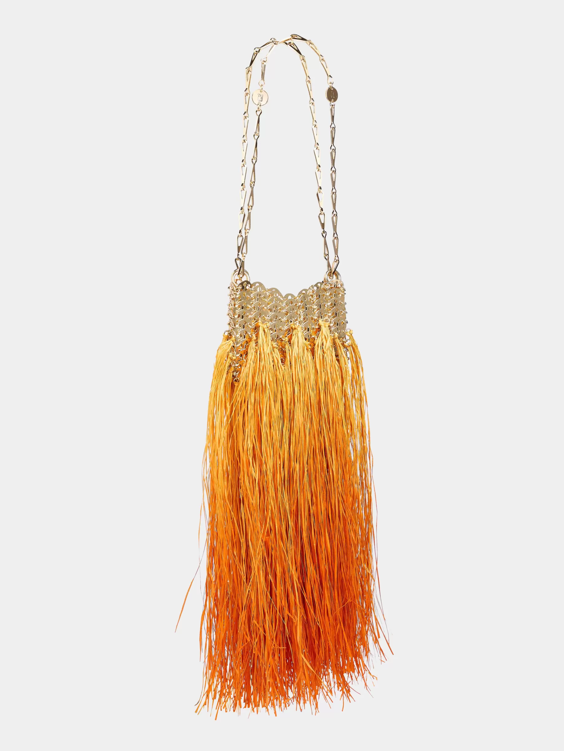 Rabanne Iconic gold 1969 nano bag hand crafted with raffia fringes