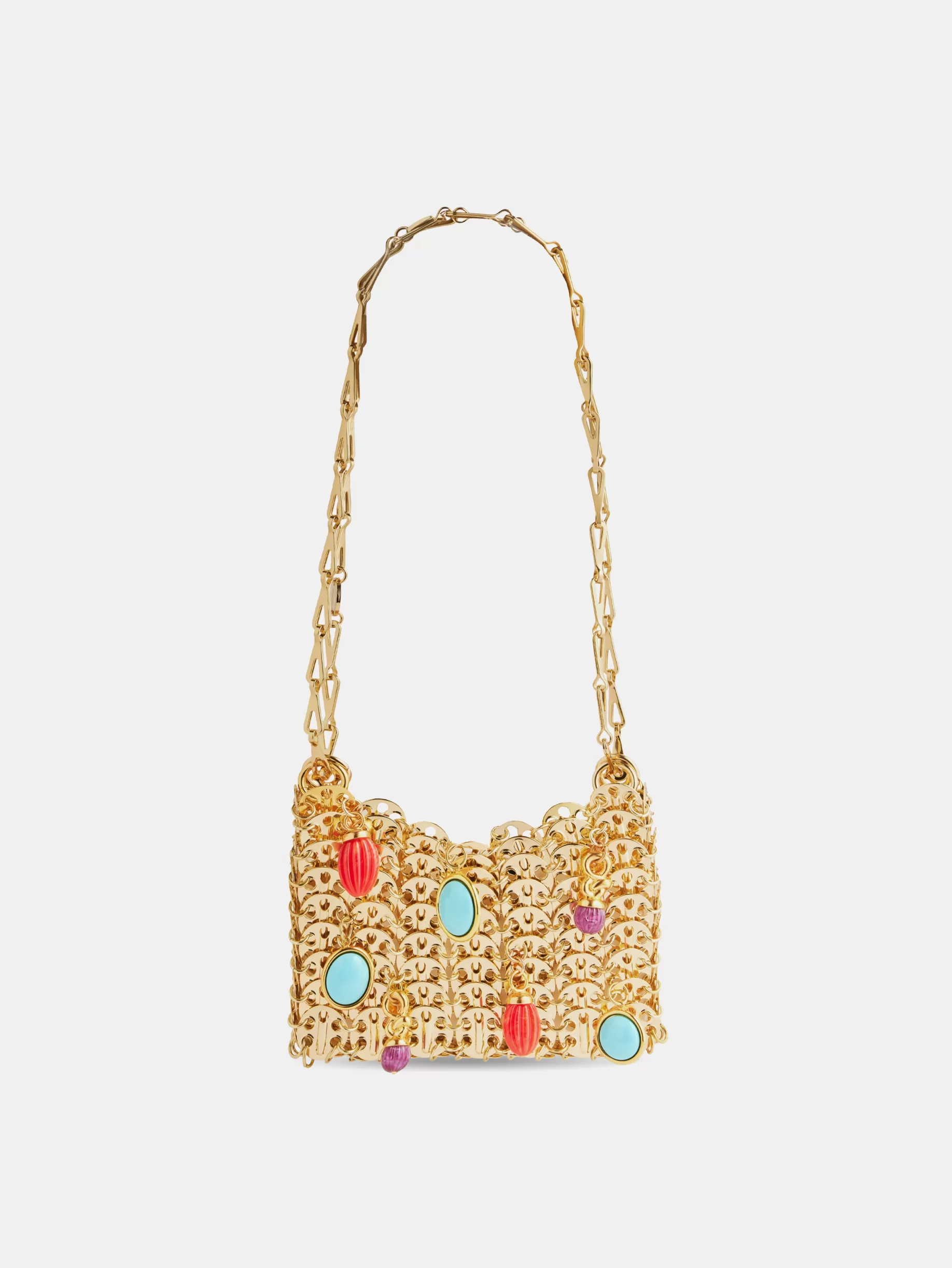Rabanne Iconic gold nano 1969 bag embelished with multi colored pampilles