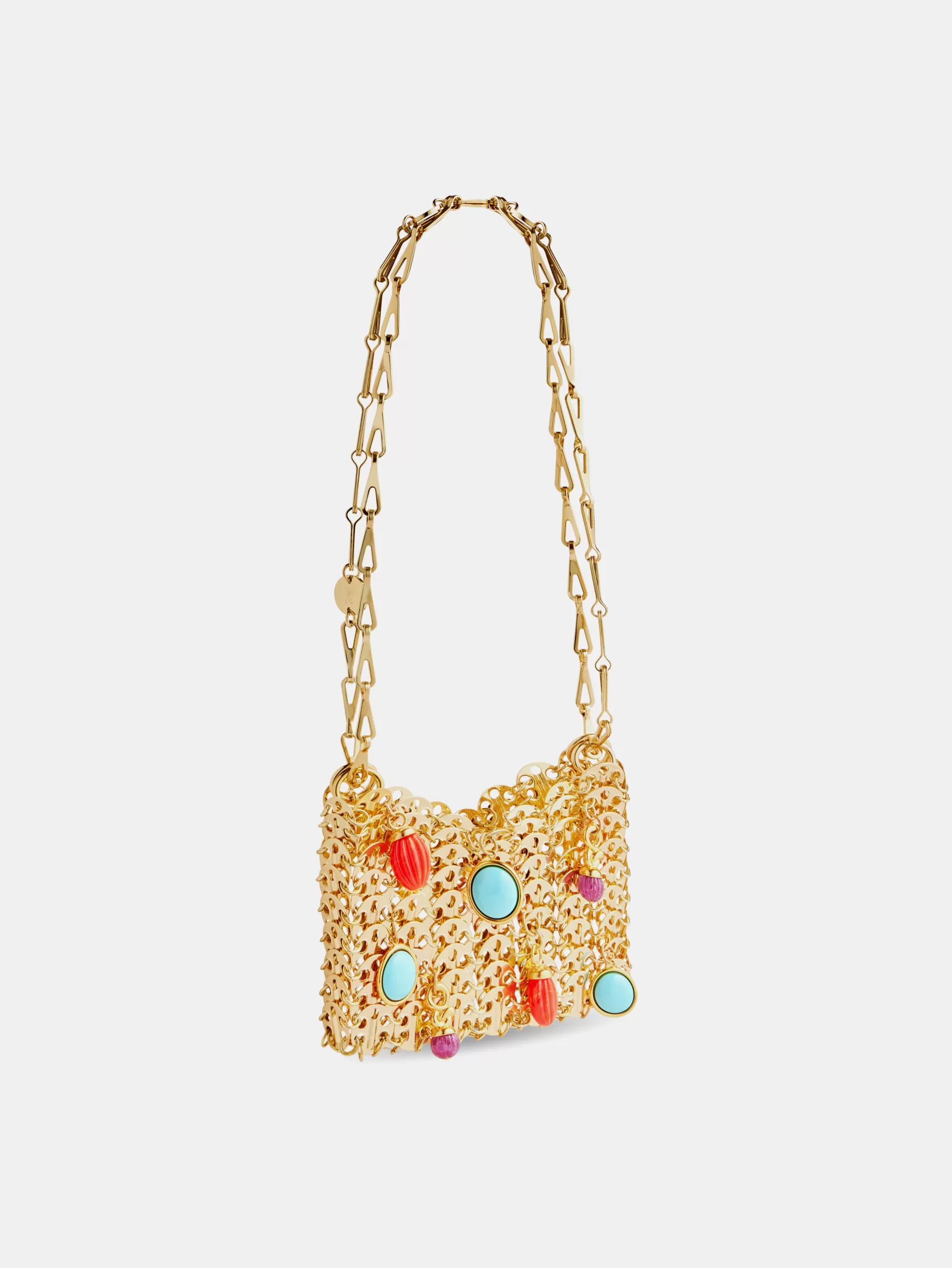 Rabanne Iconic gold nano 1969 bag embelished with multi colored pampilles