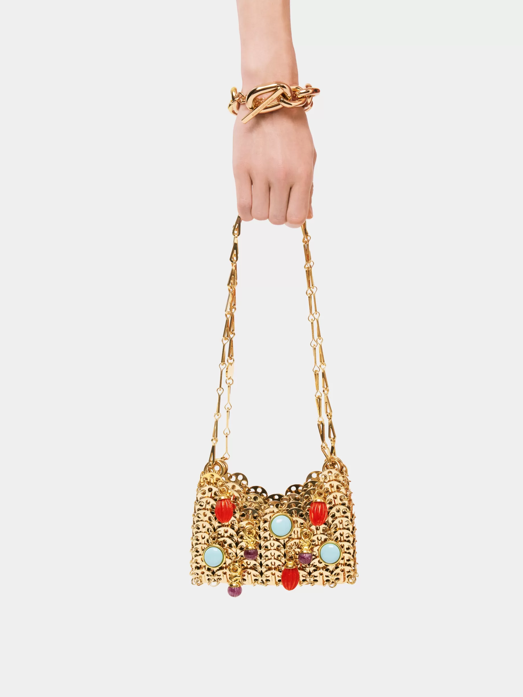 Rabanne Iconic gold nano 1969 bag embelished with multi colored pampilles