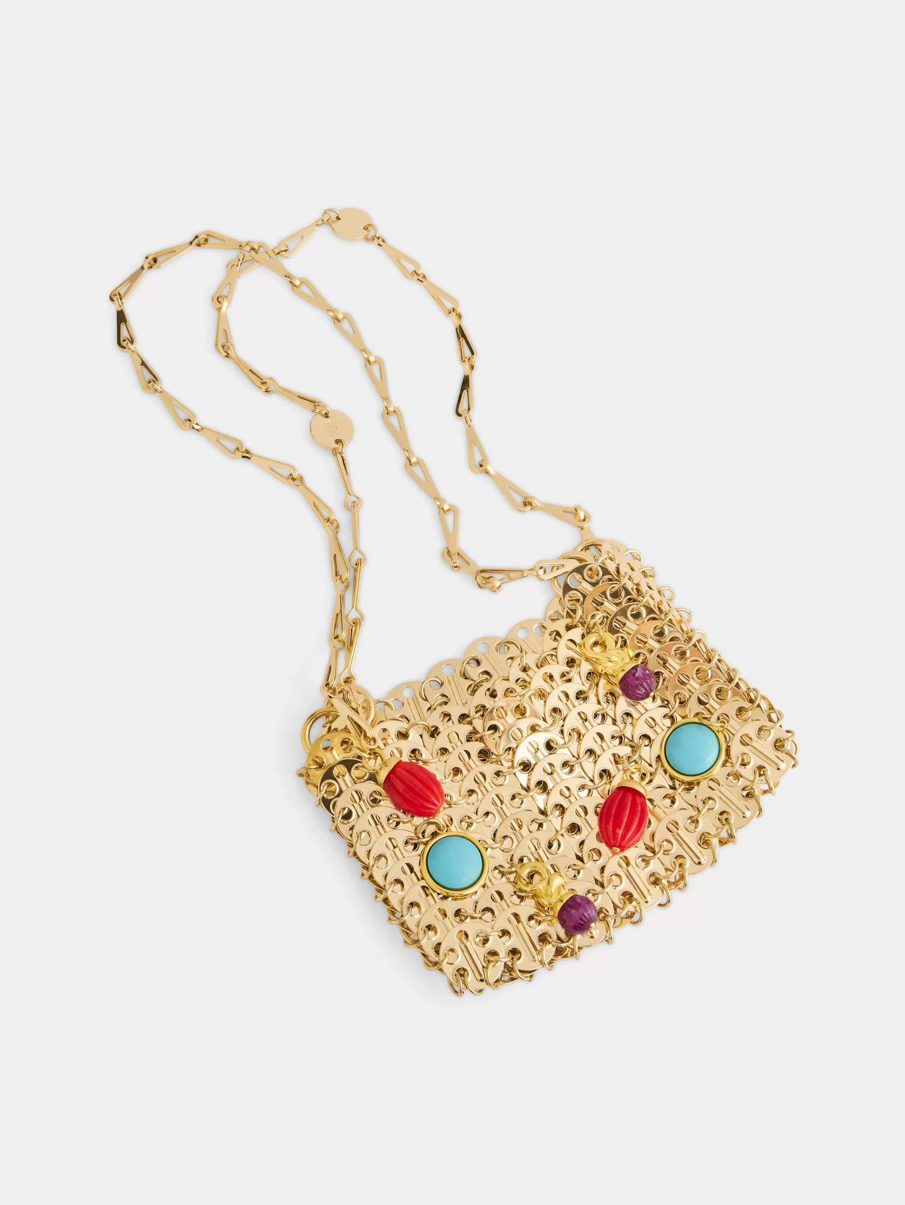Rabanne Iconic gold nano 1969 bag embelished with multi colored pampilles