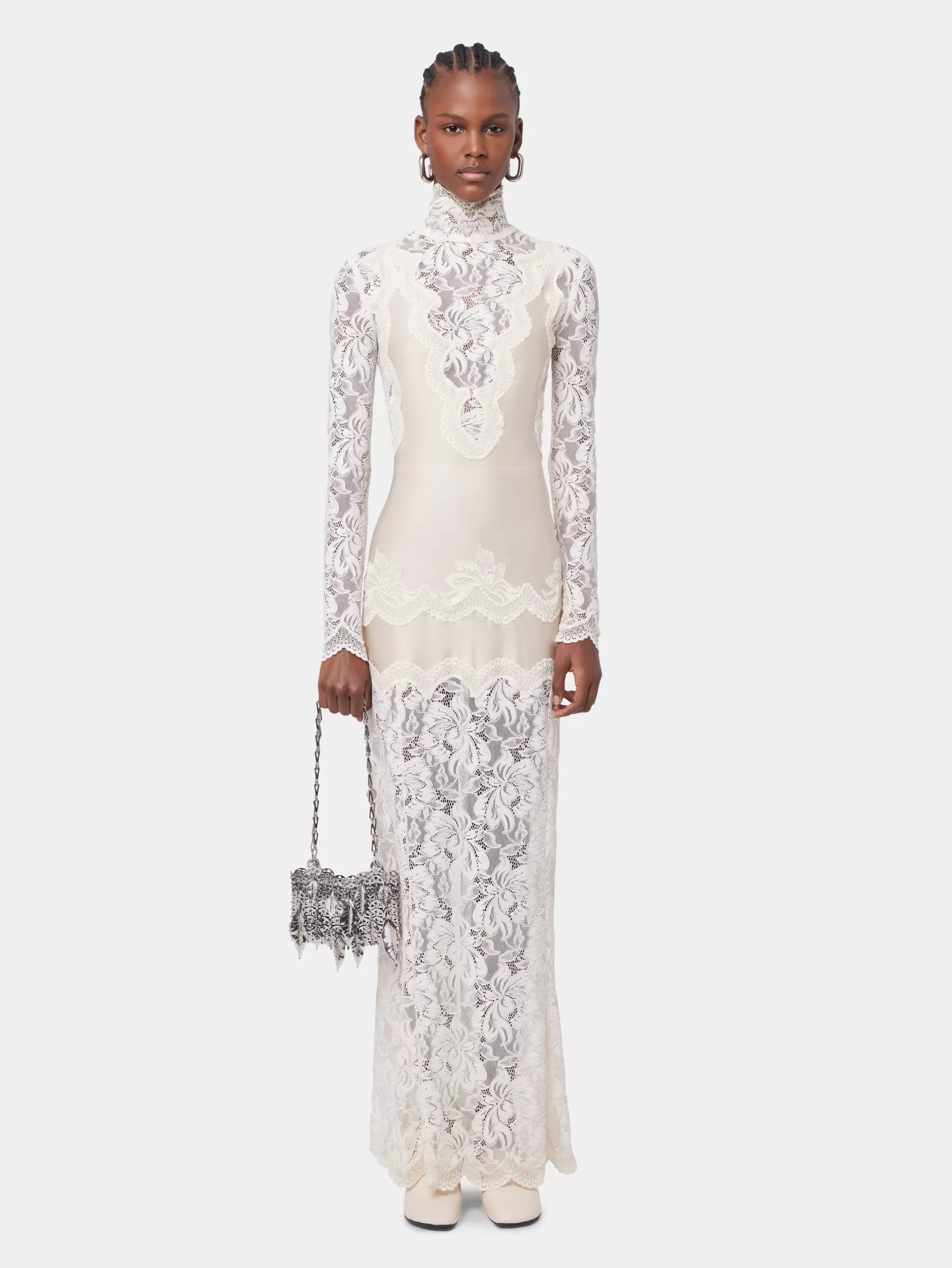 Rabanne IVORY LONG DRESS IN LACE AND JERSEY