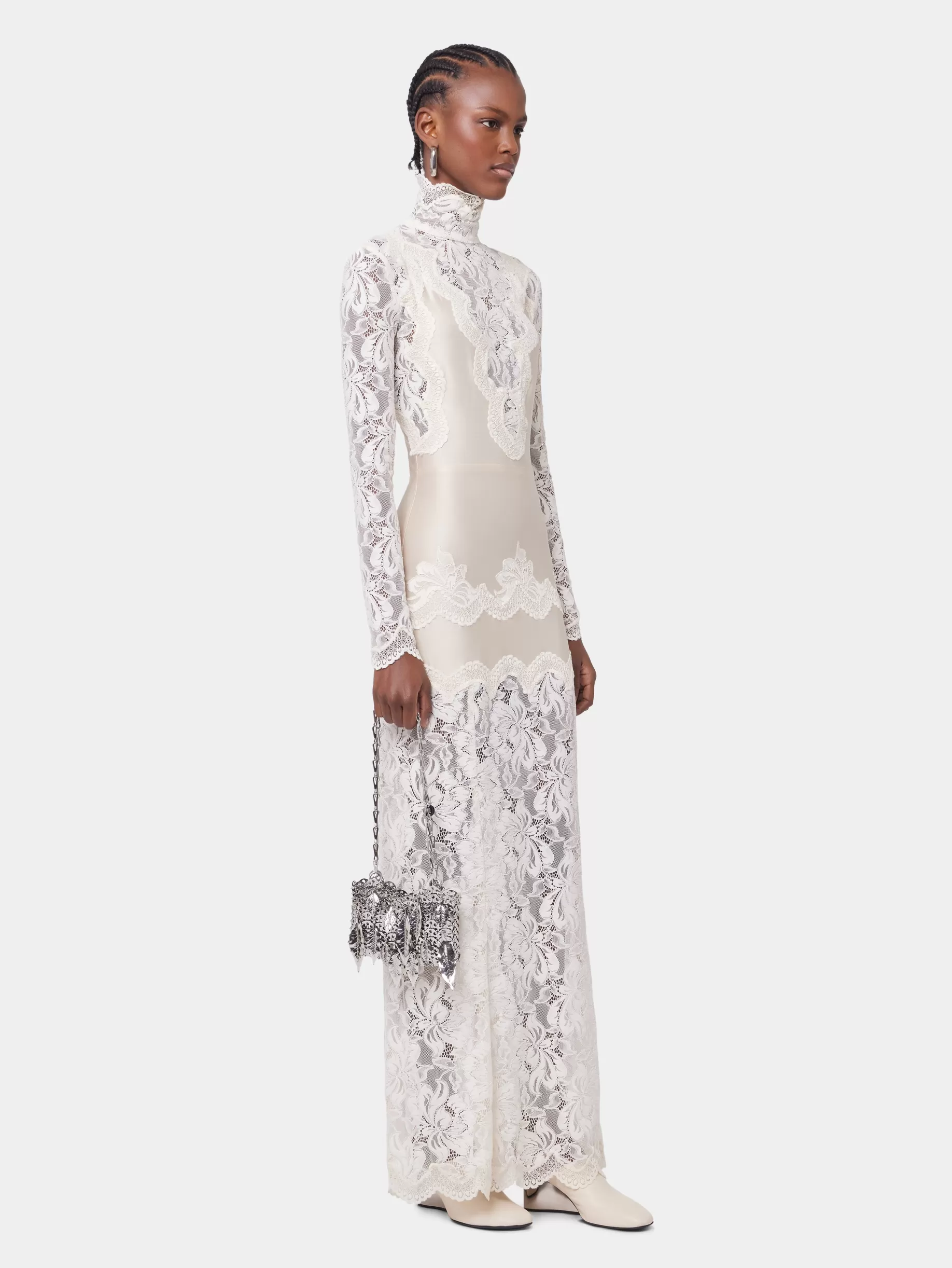 Rabanne IVORY LONG DRESS IN LACE AND JERSEY