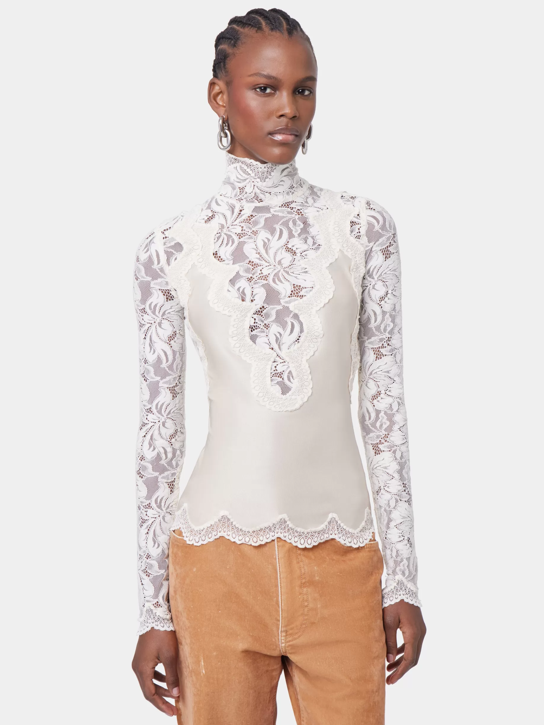 Rabanne IVORY LONG SLEEVE TOP IN LACE AND JERSEY