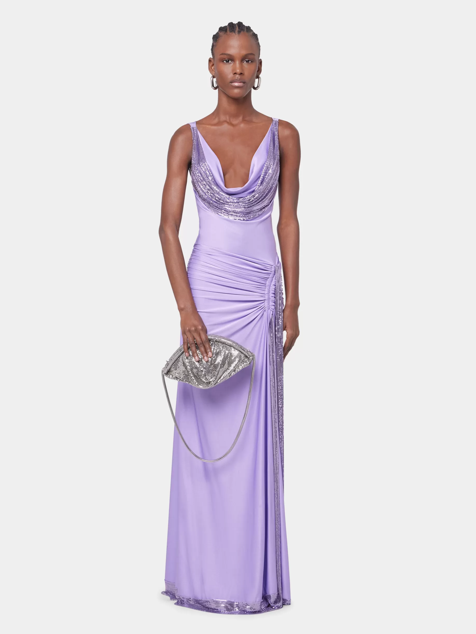 Rabanne LAVENDER LONG DRESS IN MESH AND JERSEY