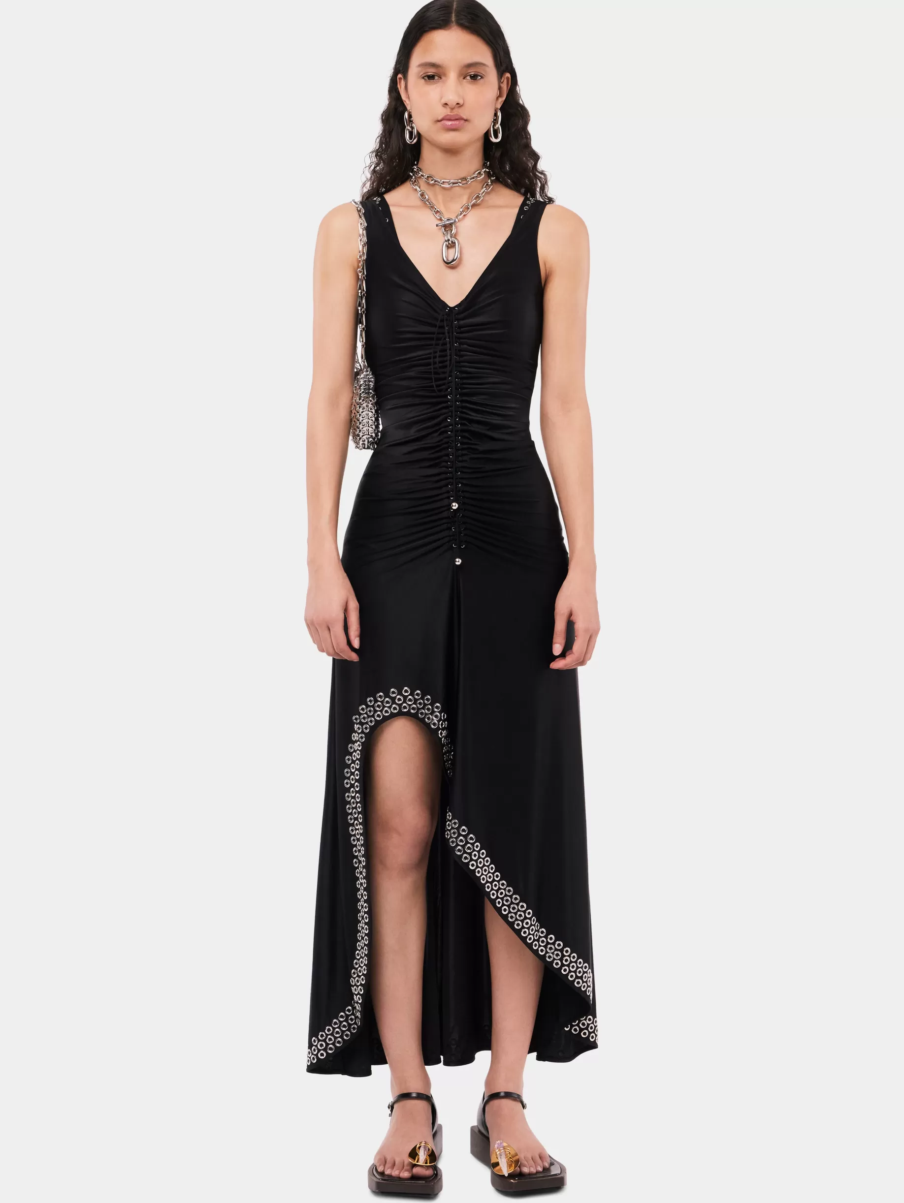 Rabanne Long black dress with embroidered metallic eyelets