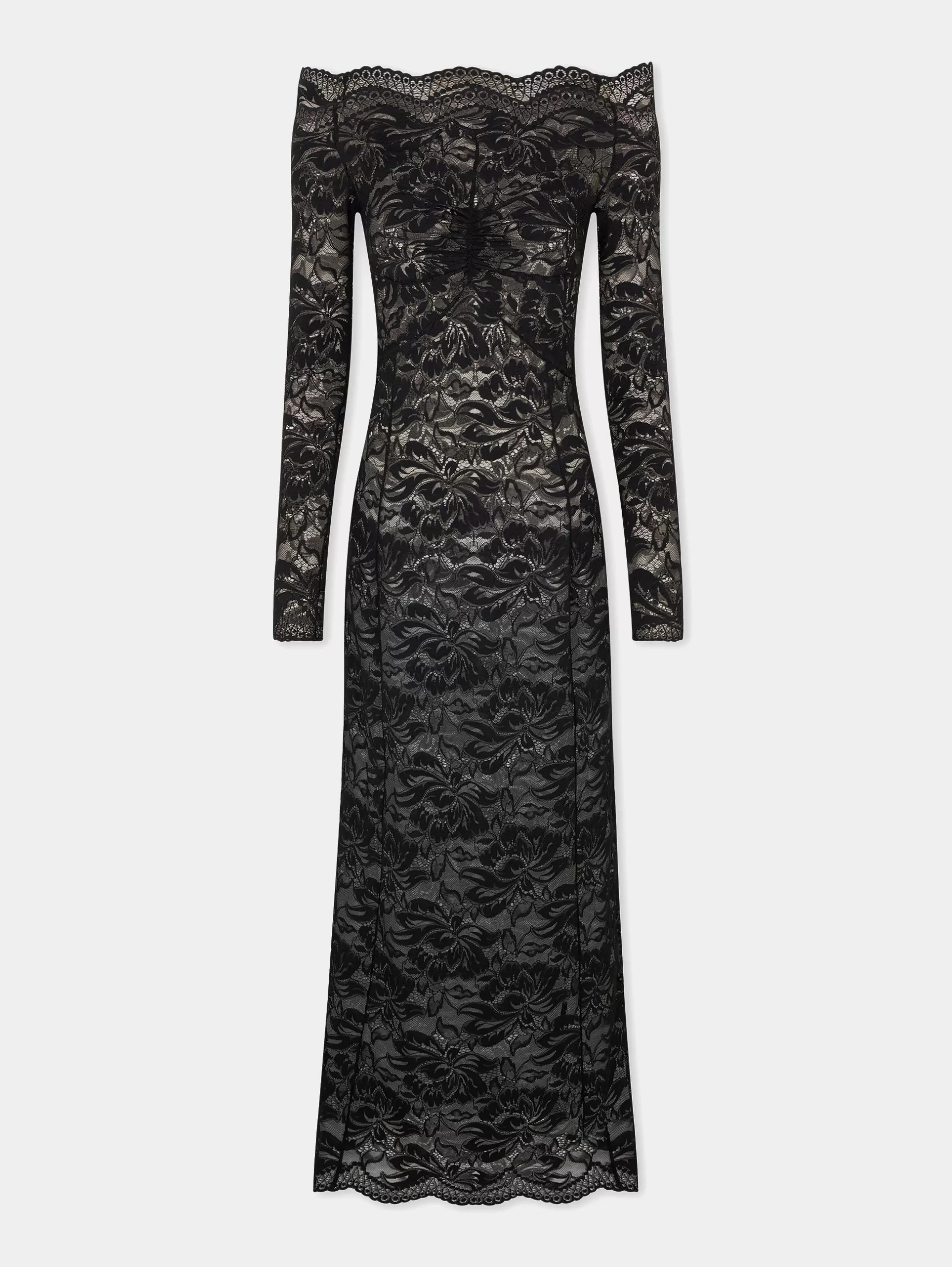 Rabanne Long Black lace dress with bardot collar