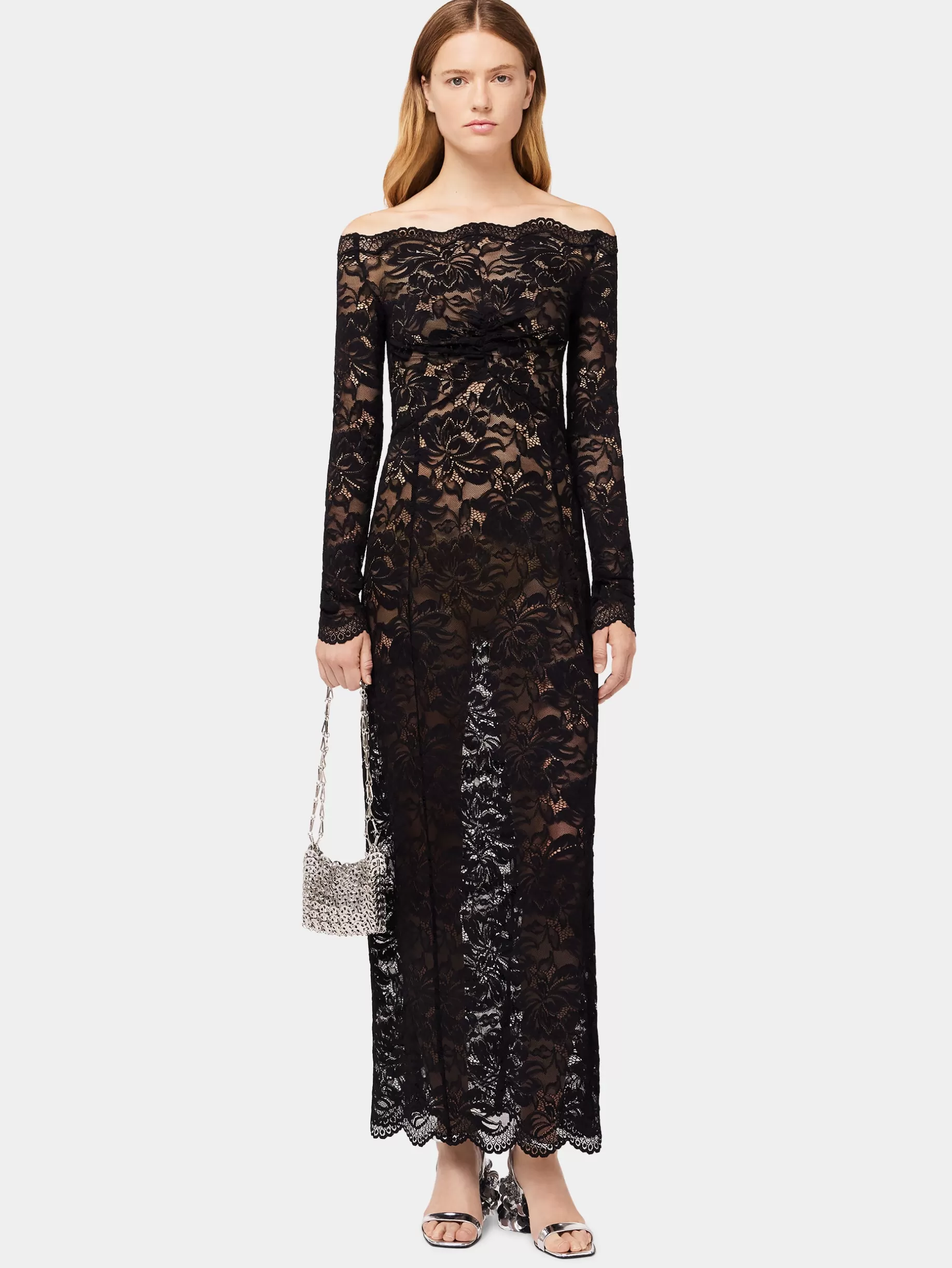 Rabanne Long Black lace dress with bardot collar