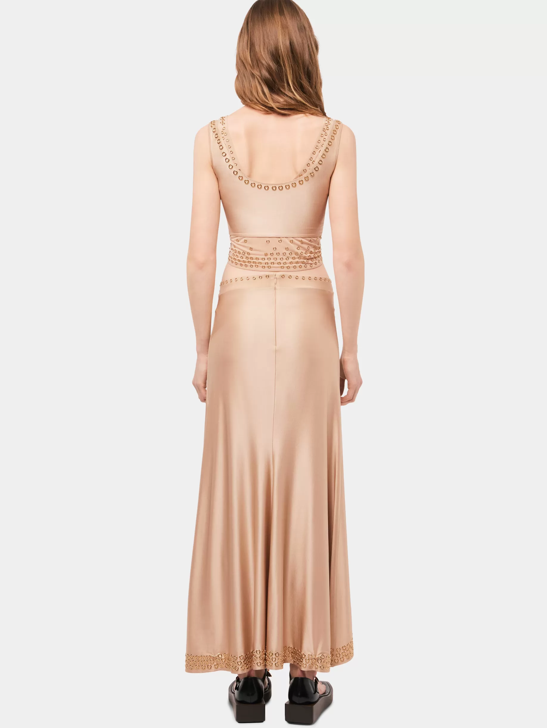 Rabanne Long raffia colored skirt with embroidered metallic eyelets