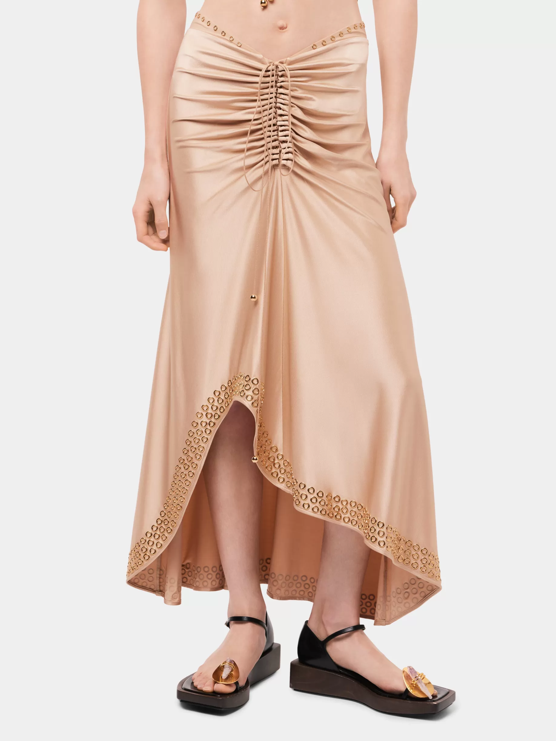 Rabanne Long raffia colored skirt with embroidered metallic eyelets