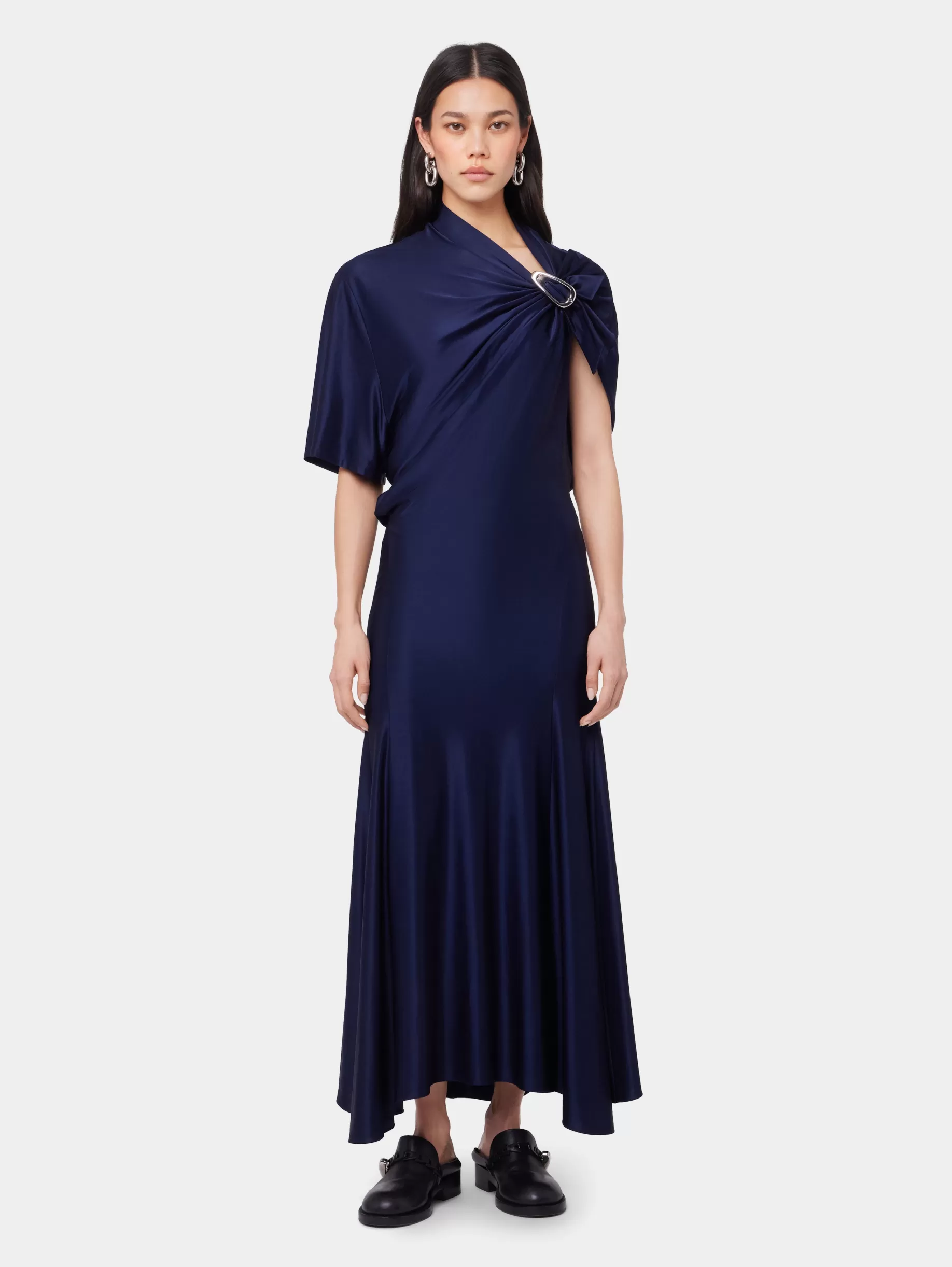 Rabanne NAVY ASYMMETRICAL LONG DRESS IN JERSEY