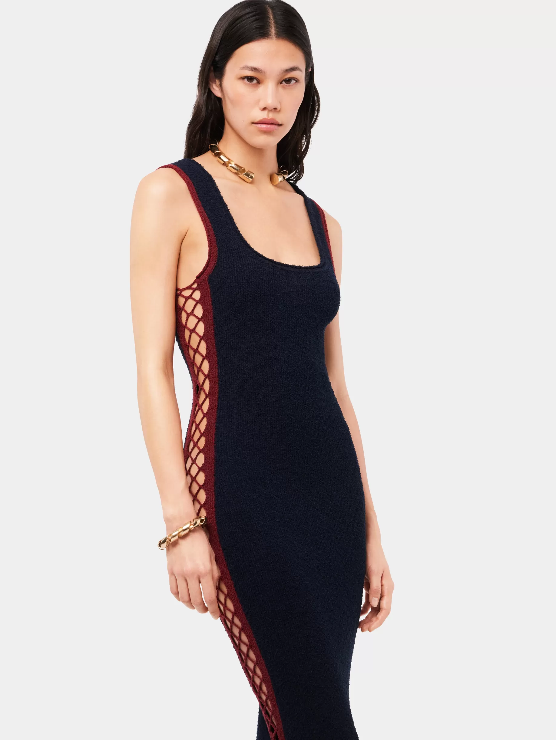 Rabanne Navy eponge dress with crochet details