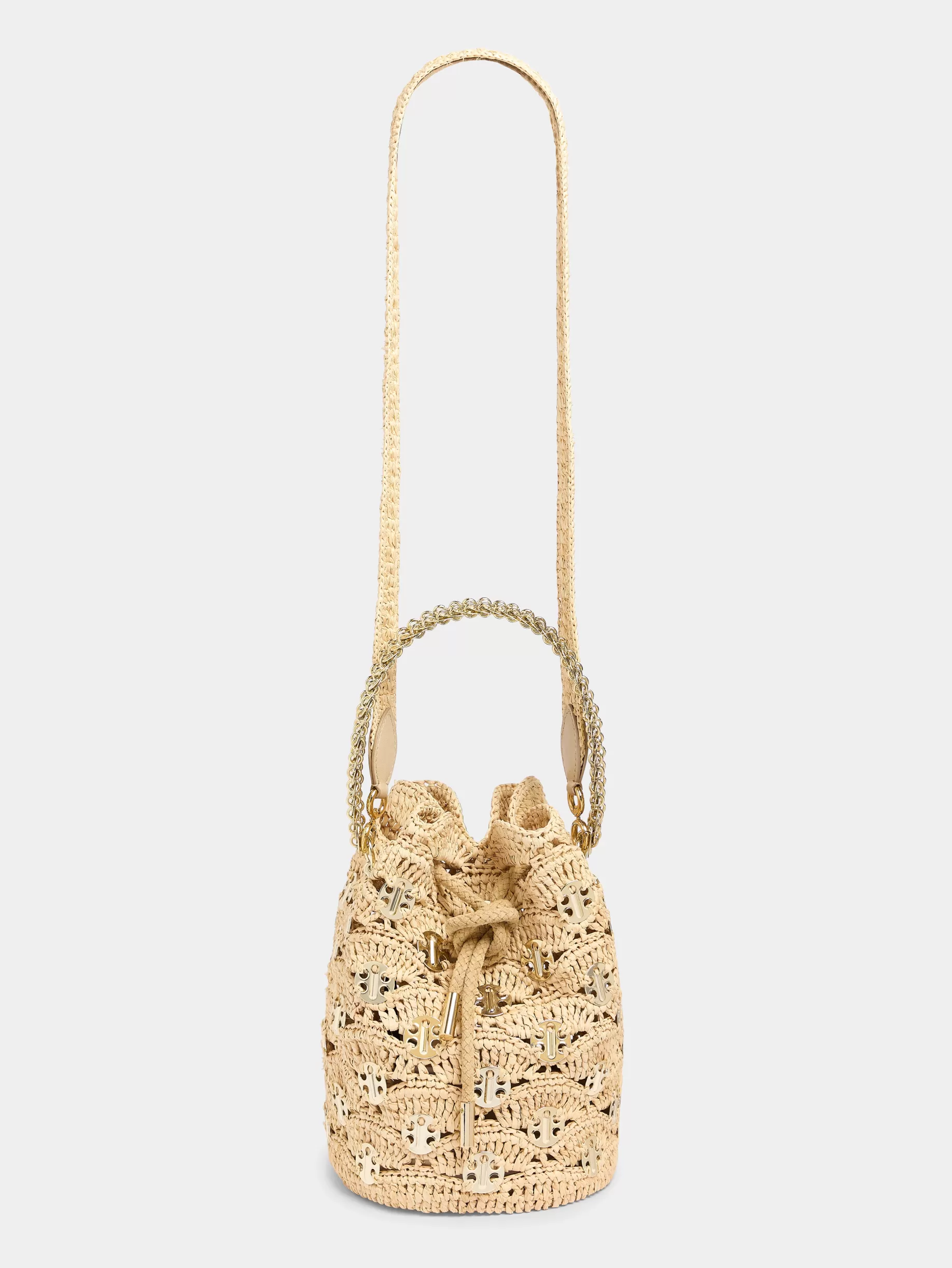 Rabanne New Raphia wave bucket bag with signature 1969 discs