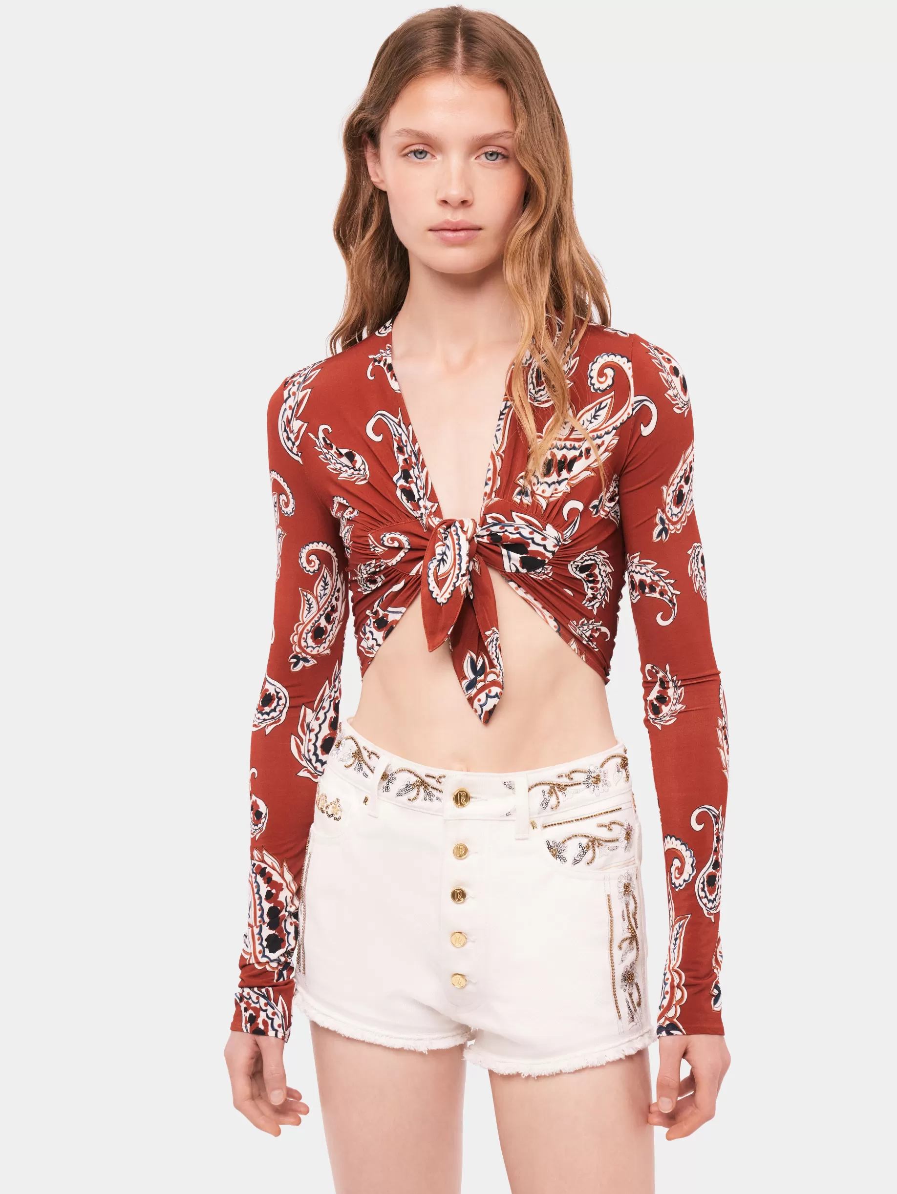 Rabanne Paisley crop top with long sleeves