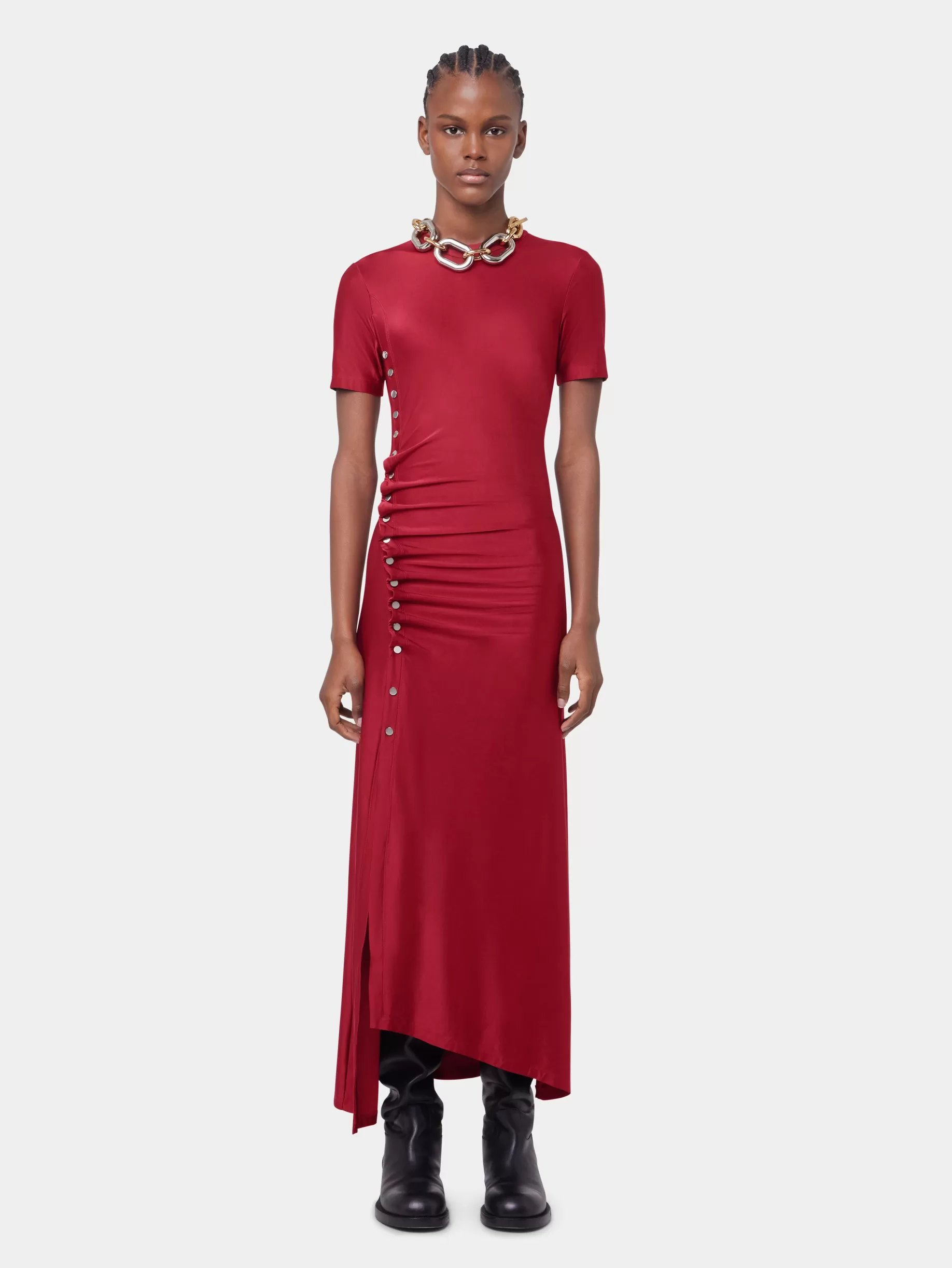 Rabanne RED LONG DRAPED DRESS IN JERSEY