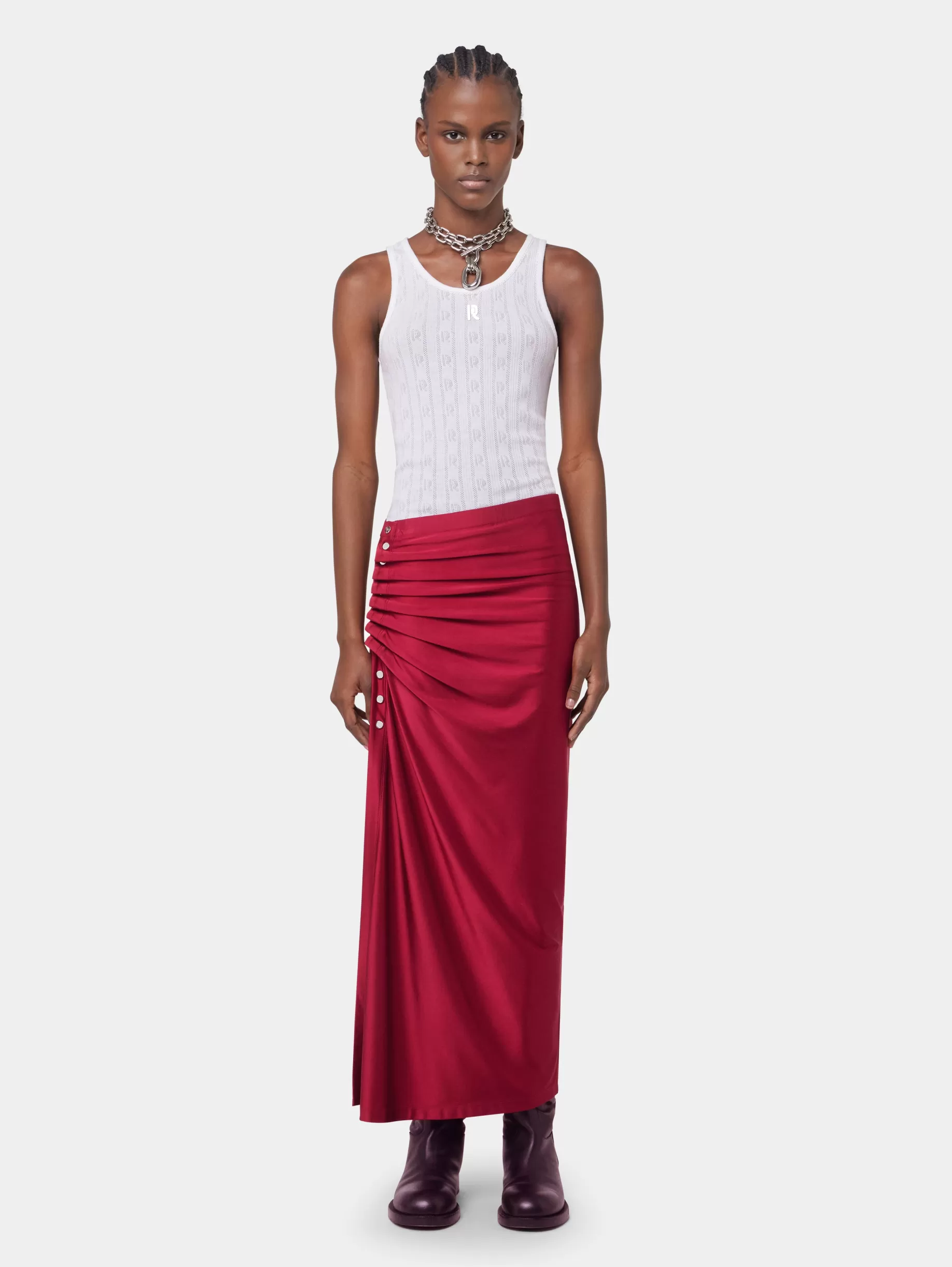 Rabanne RED LONG DRAPED SKIRT IN JERSEY