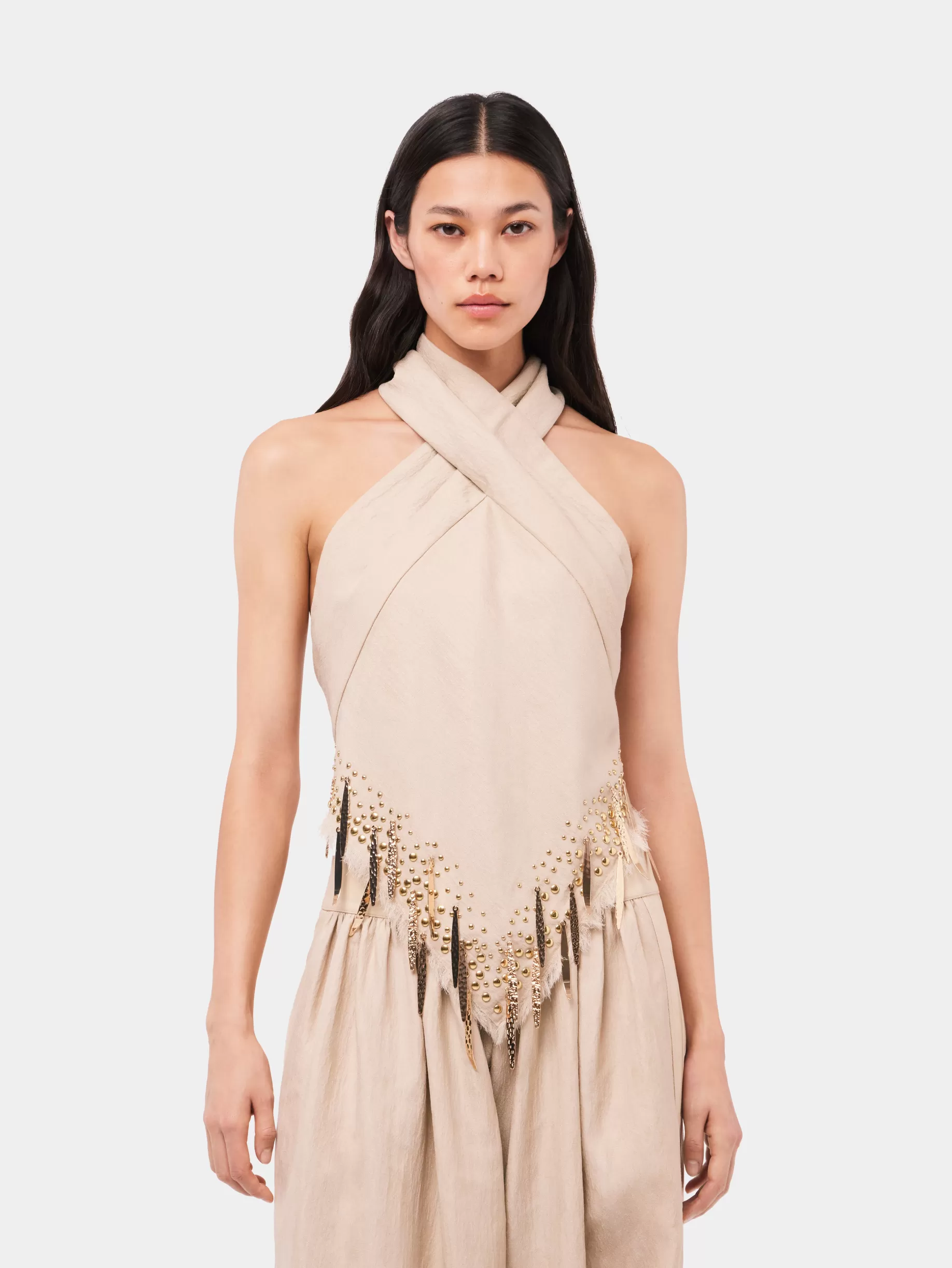 Rabanne Sand colored top in wool embelished with metallic fringe details