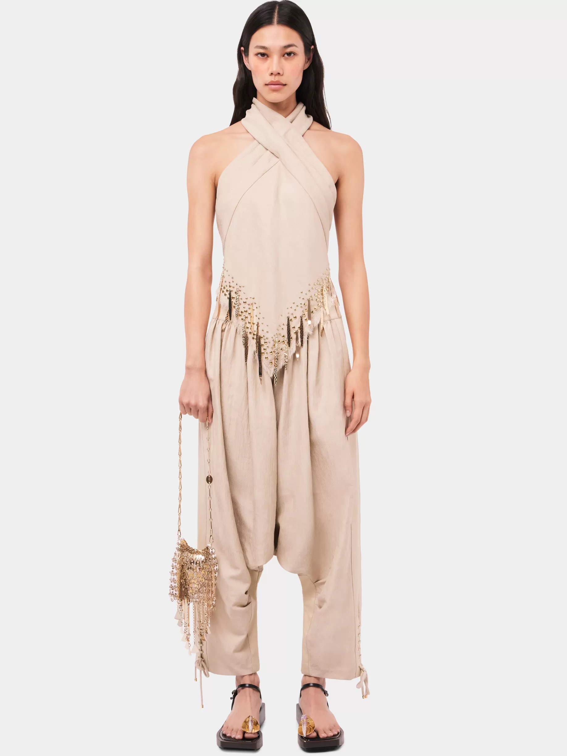 Rabanne Sand colored top in wool embelished with metallic fringe details