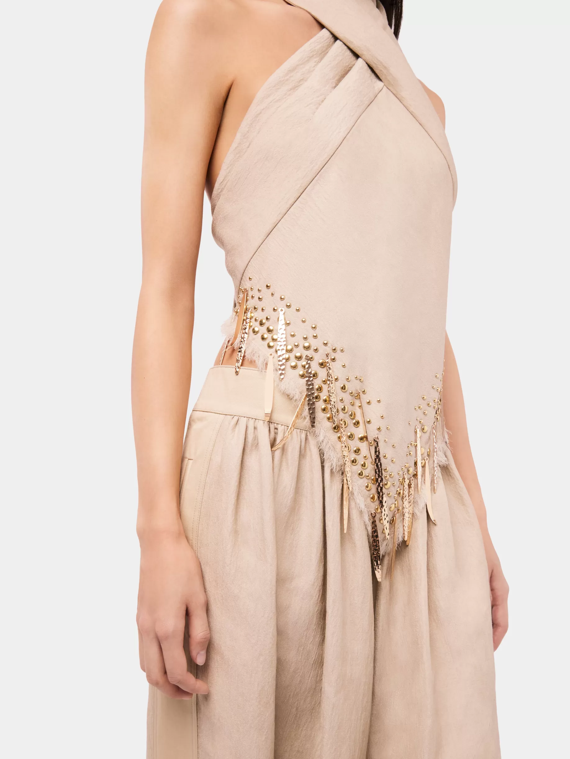 Rabanne Sand colored top in wool embelished with metallic fringe details